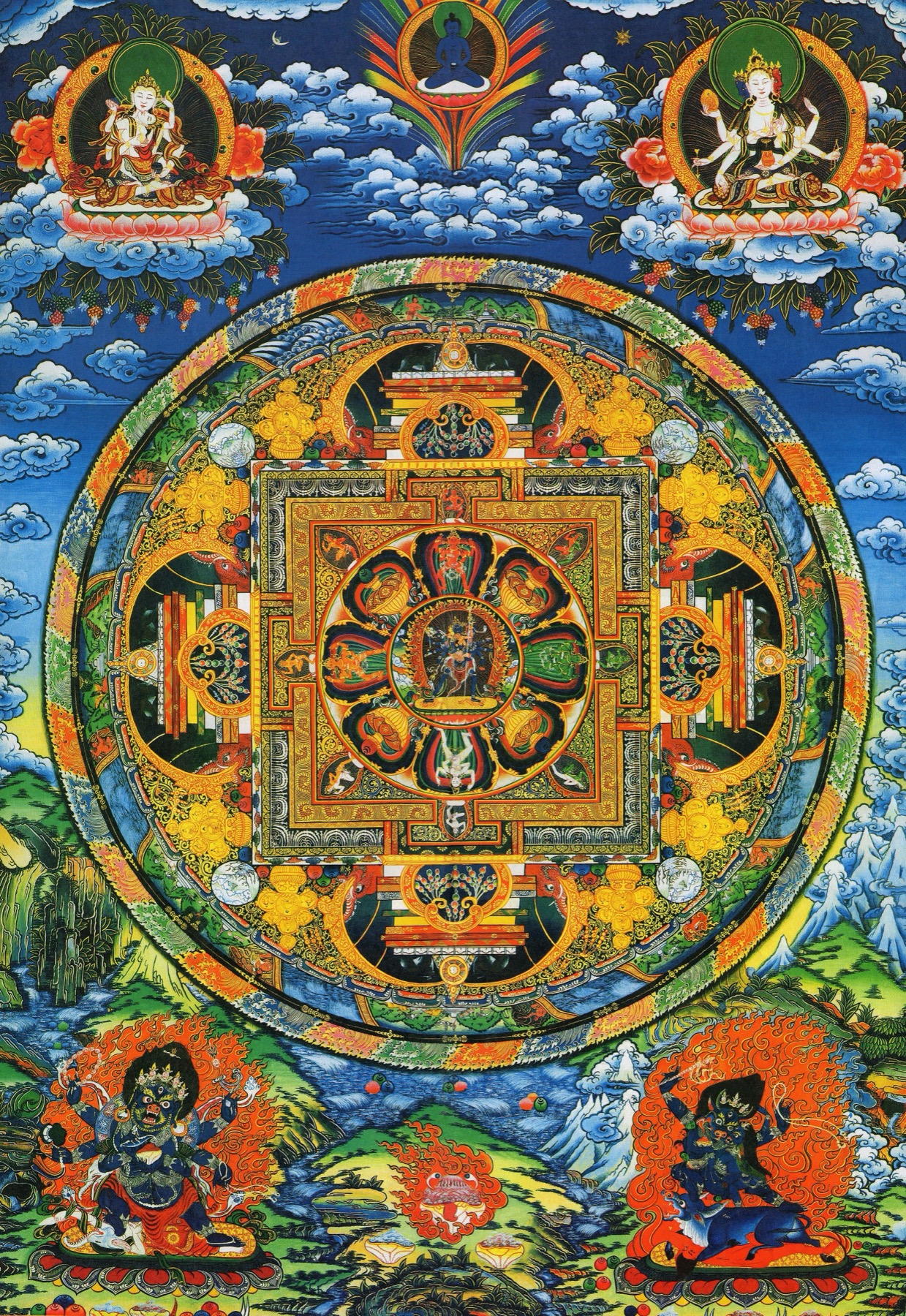 Kalachakra Mandala with a square palace, circular boundary rings, four gates, mountains, clouds, and flame-wreathed protectors — TK0554