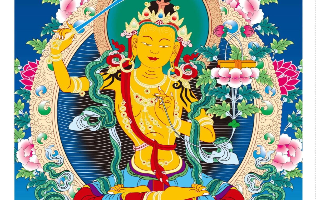 Manjushri Thangka: The Sword, Lotus, and Book of Wisdom