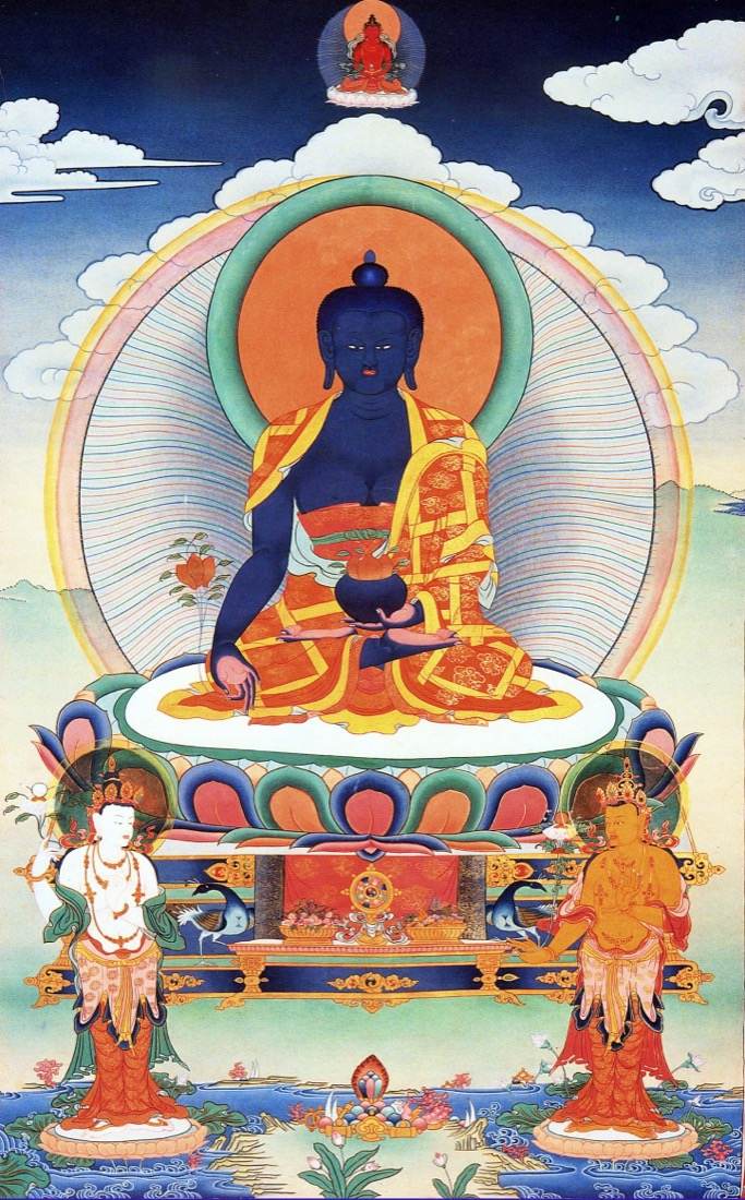 Medicine Buddha thangka with blue Bhaisajyaguru holding an alms bowl — TK0572