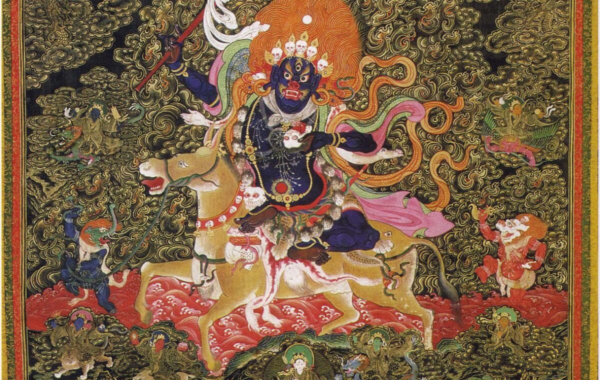 Palden Lhamo Thangka: Mule, Flames, and Protector Symbols