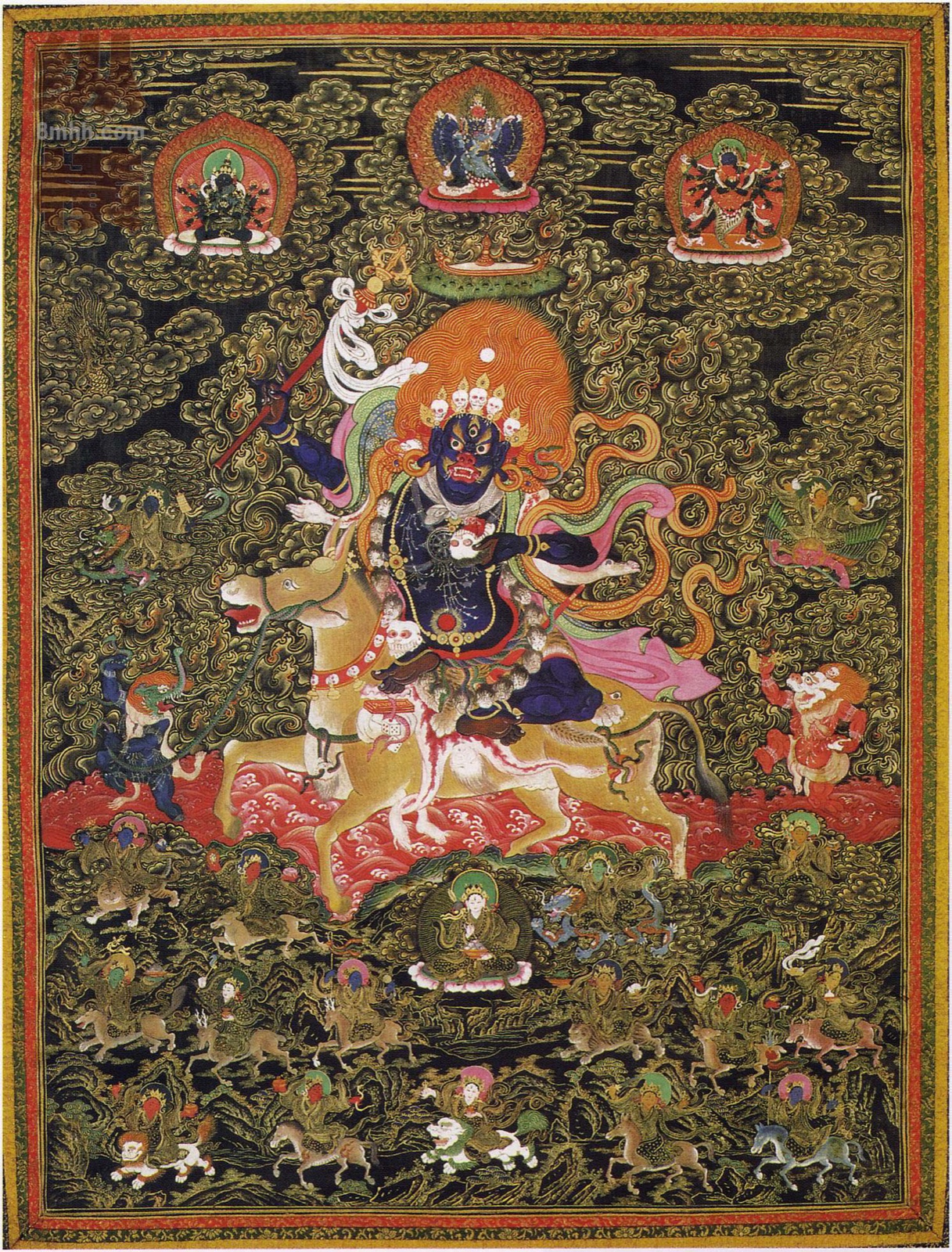 Palden Lhamo riding a mule amid flames and protector figures — TK0406