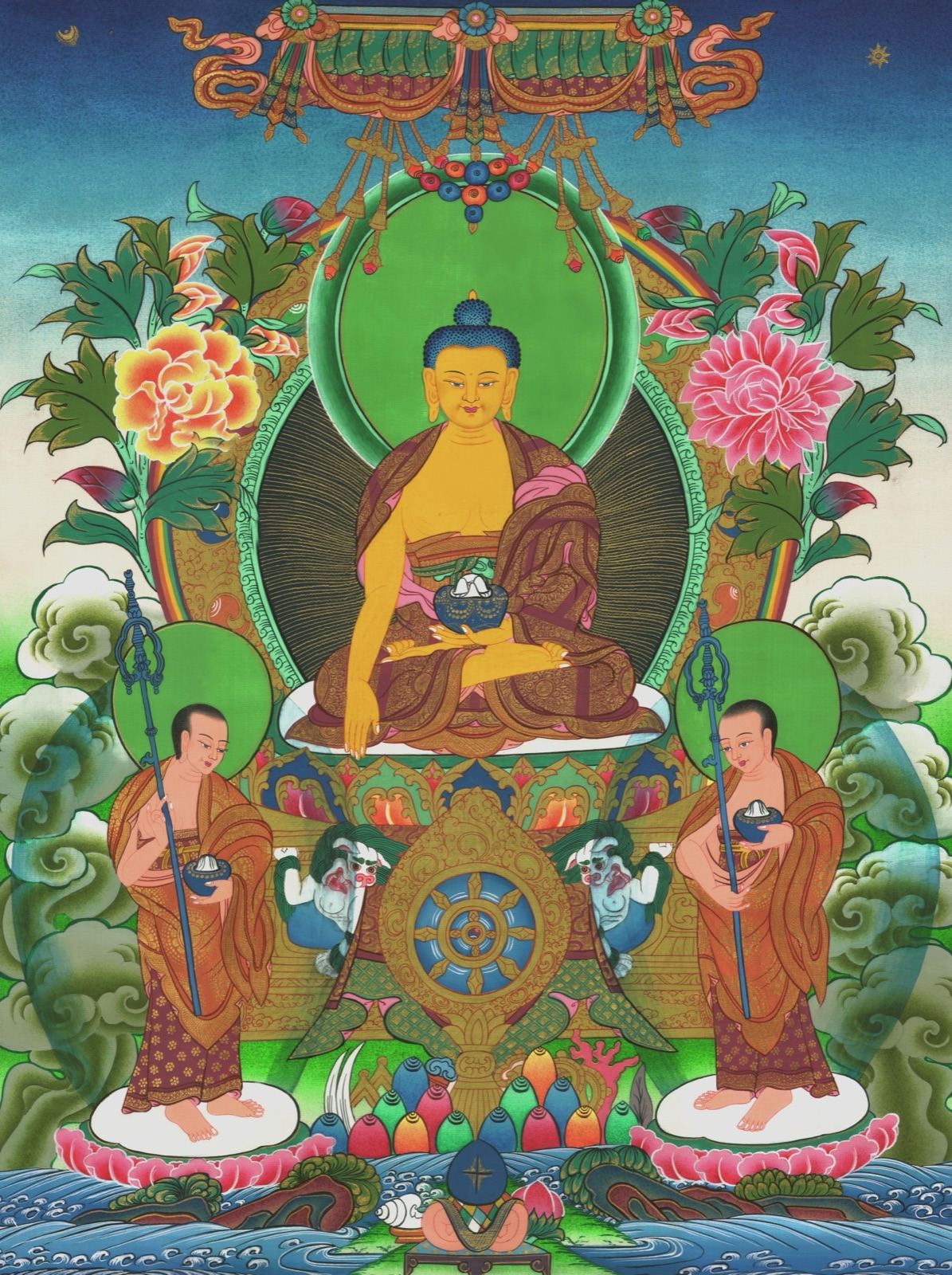 Shakyamuni Buddha thangka with earth-touching gesture, alms bowl, and two disciples — TK0579