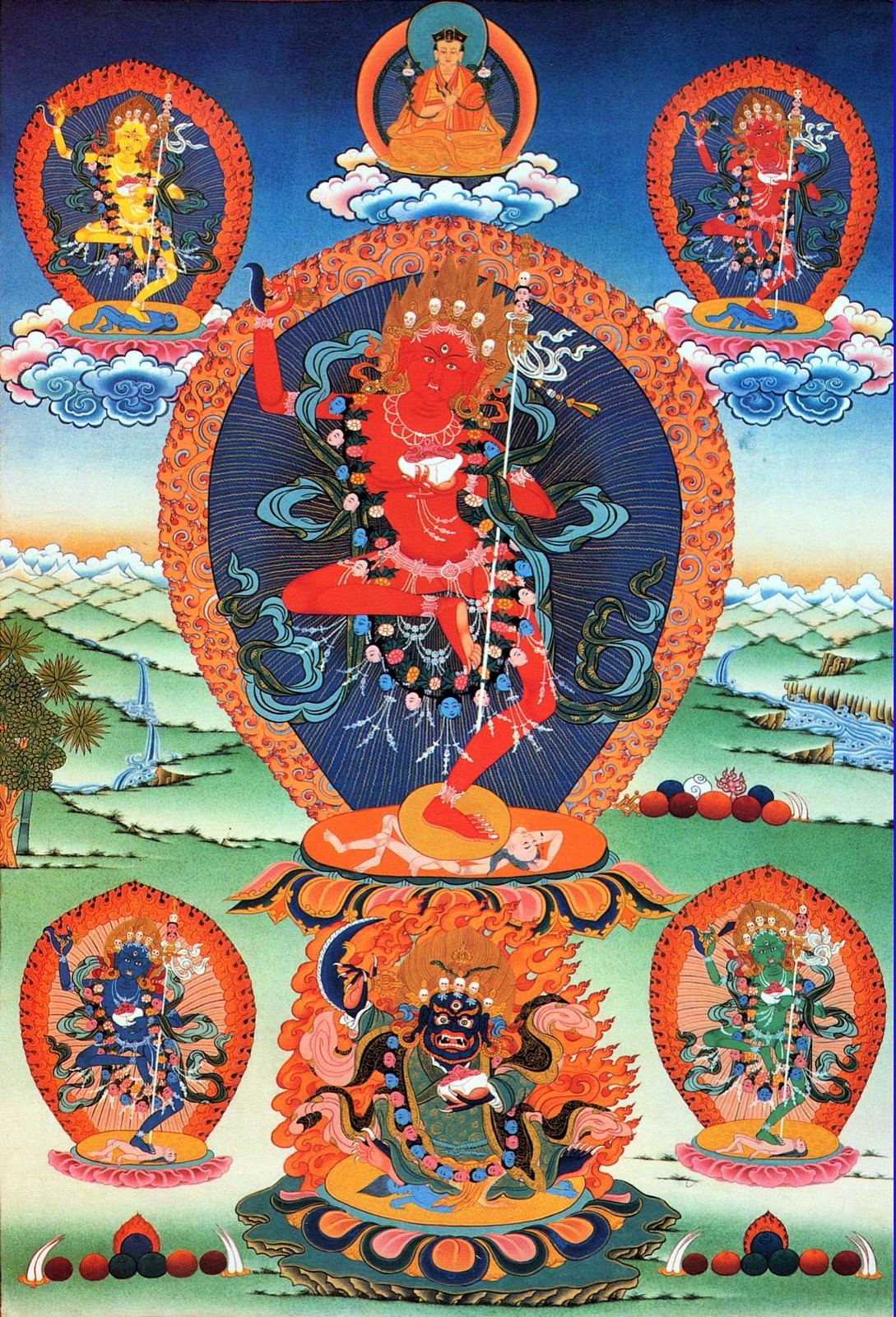 Red Vajrayogini thangka with a dynamic central figure and surrounding deities — TK0586