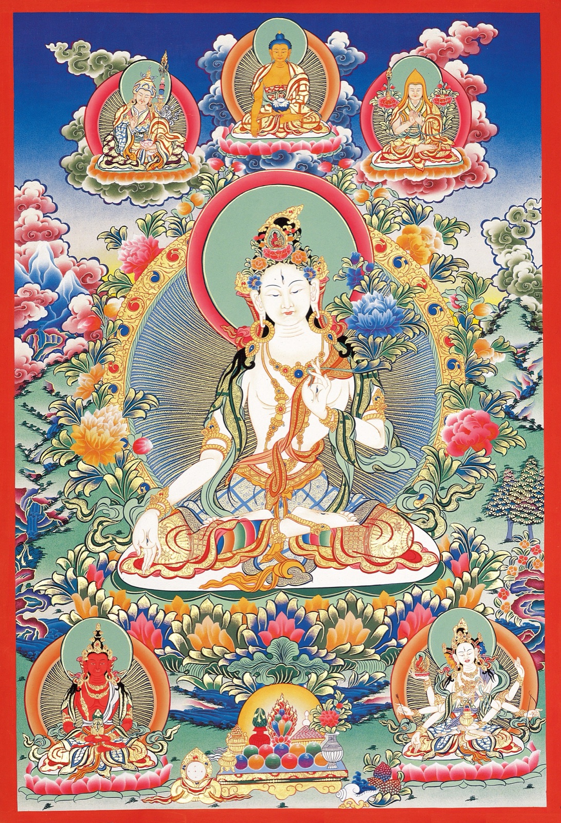 White Tara seated on a lotus with the seven-eye iconography of compassionate awareness — TK0568