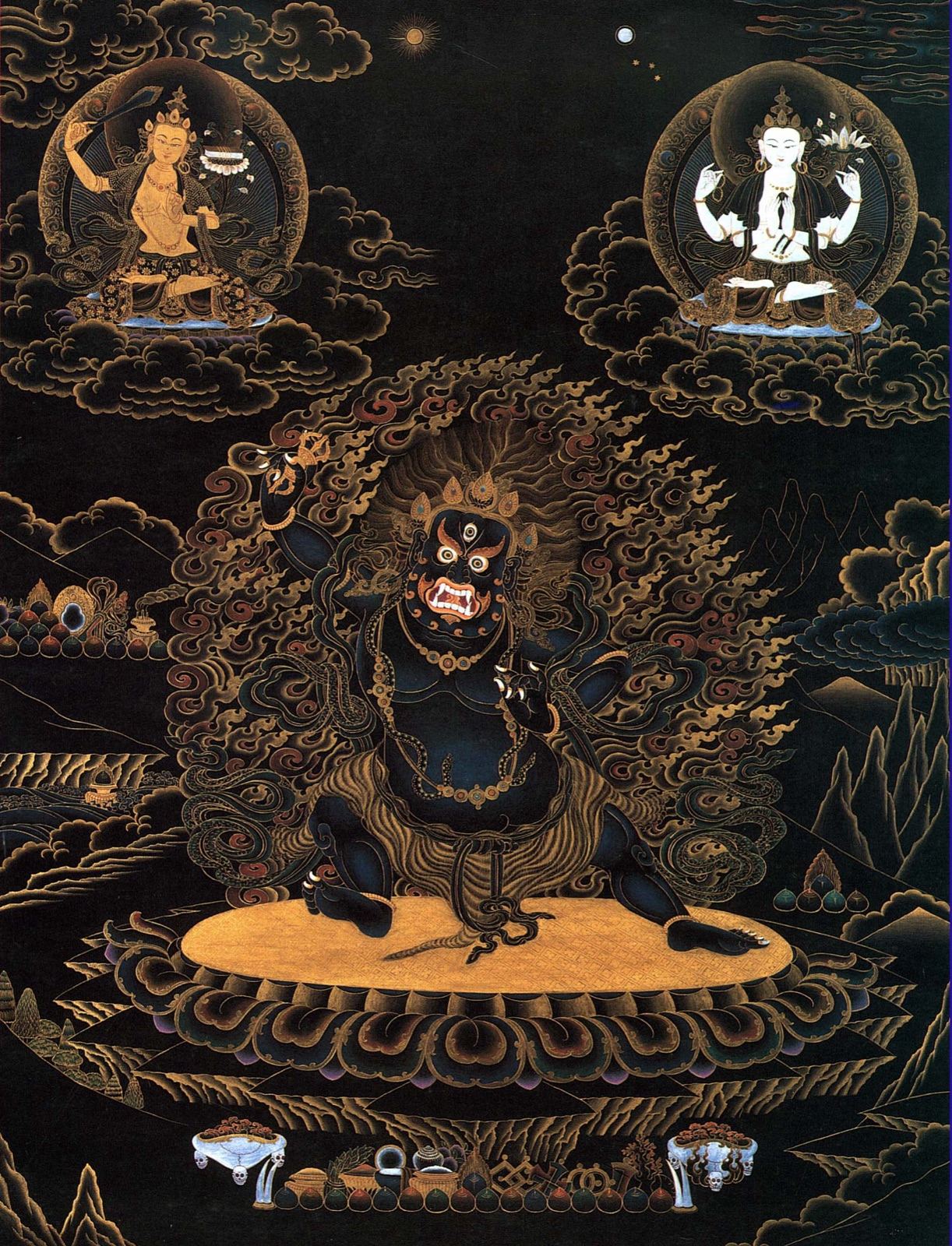 Wrathful Vajrapani thangka with a dark blue body and flame aureole — TK0585