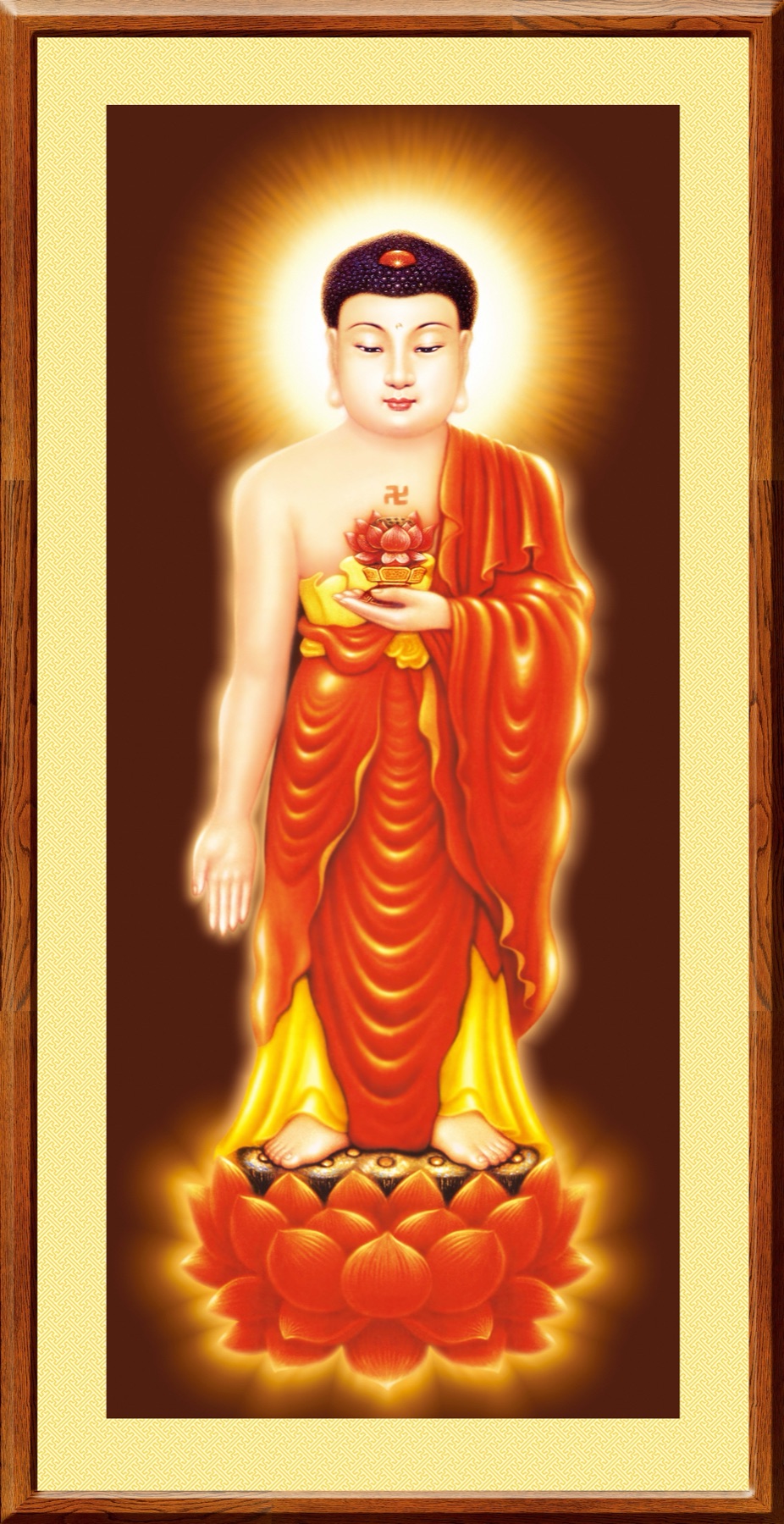 Standing Amitabha Buddha holding a lotus vessel on a lotus pedestal — TK0215