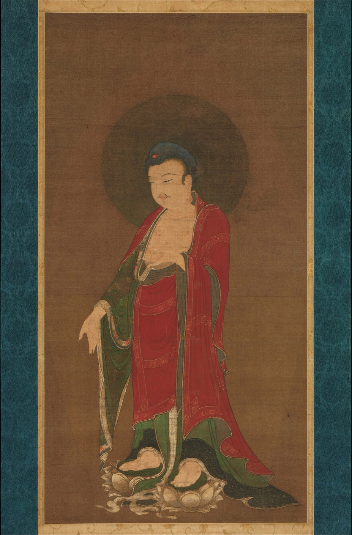 Standing Amitabha welcoming descent painting with halo and lotus base — TK0232