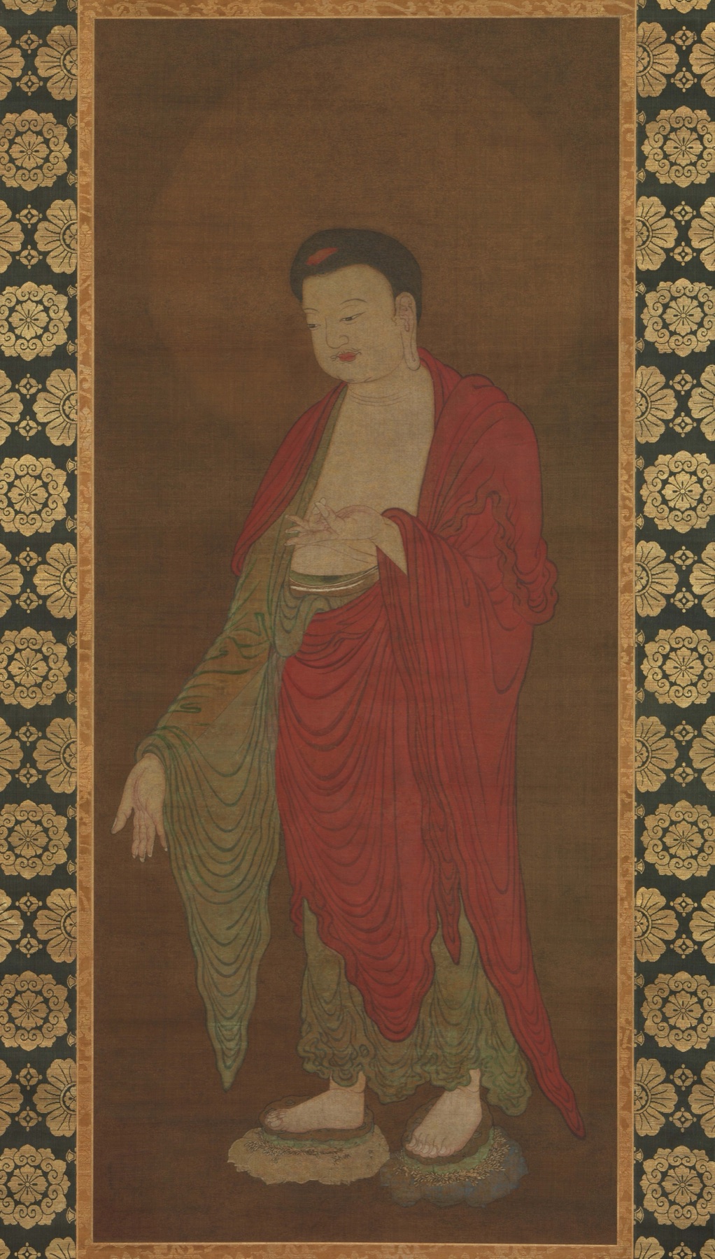 Historic standing Amitabha painting with layered red and green robes — TK0237
