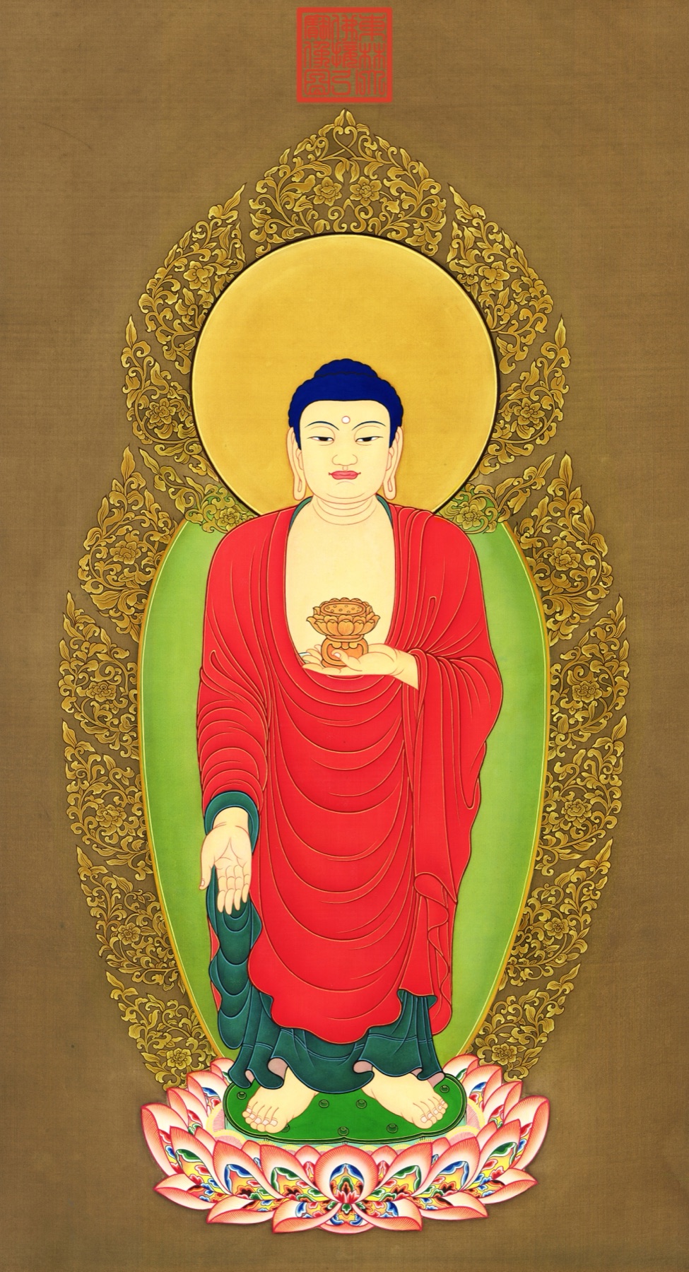 Standing Amitabha Buddha in red robes holding a lotus vessel — TK0260