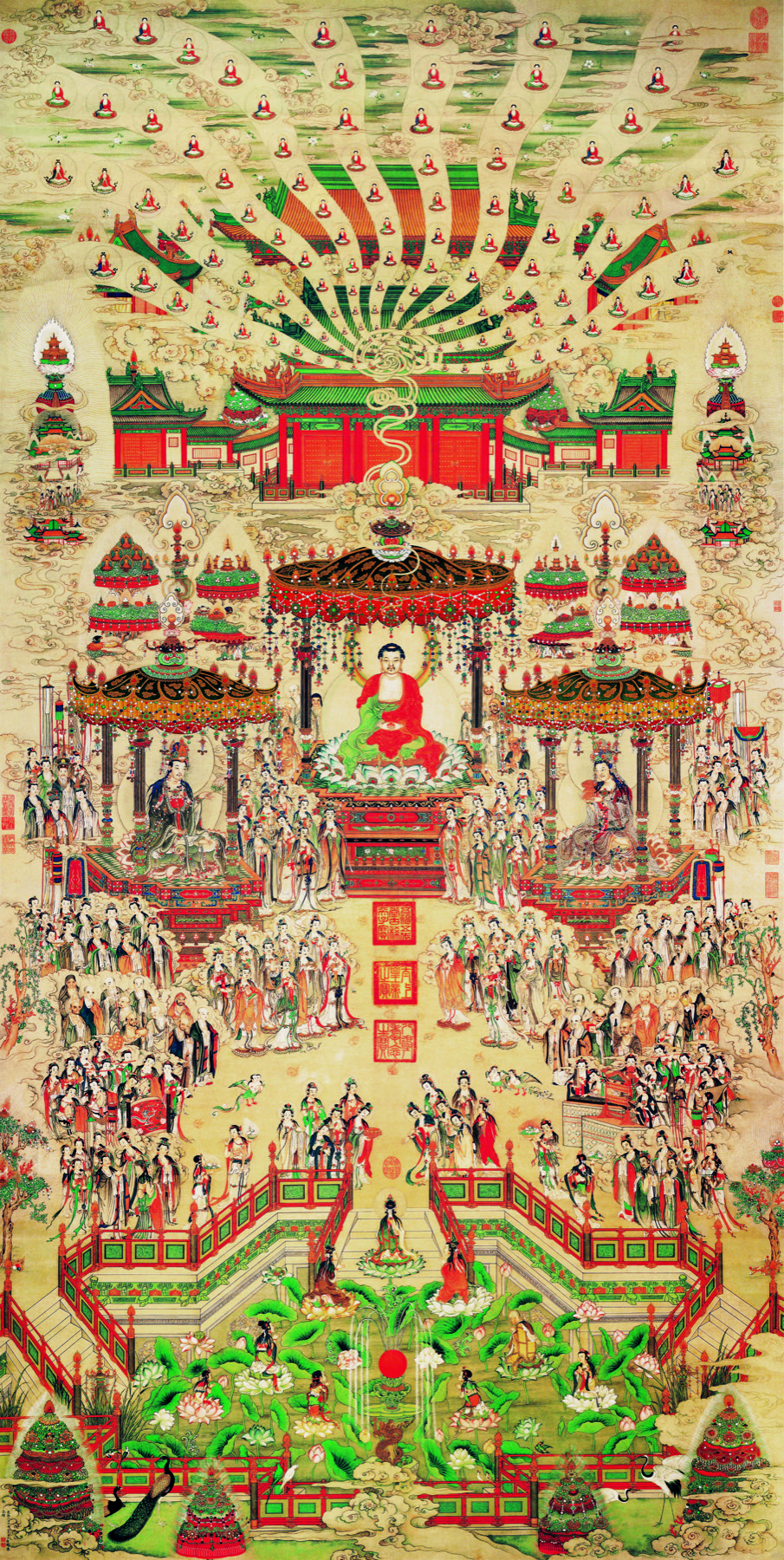 Amitabha Pure Land painting with palace, lotus pond, assemblies, and radiating Buddhas — TK0255