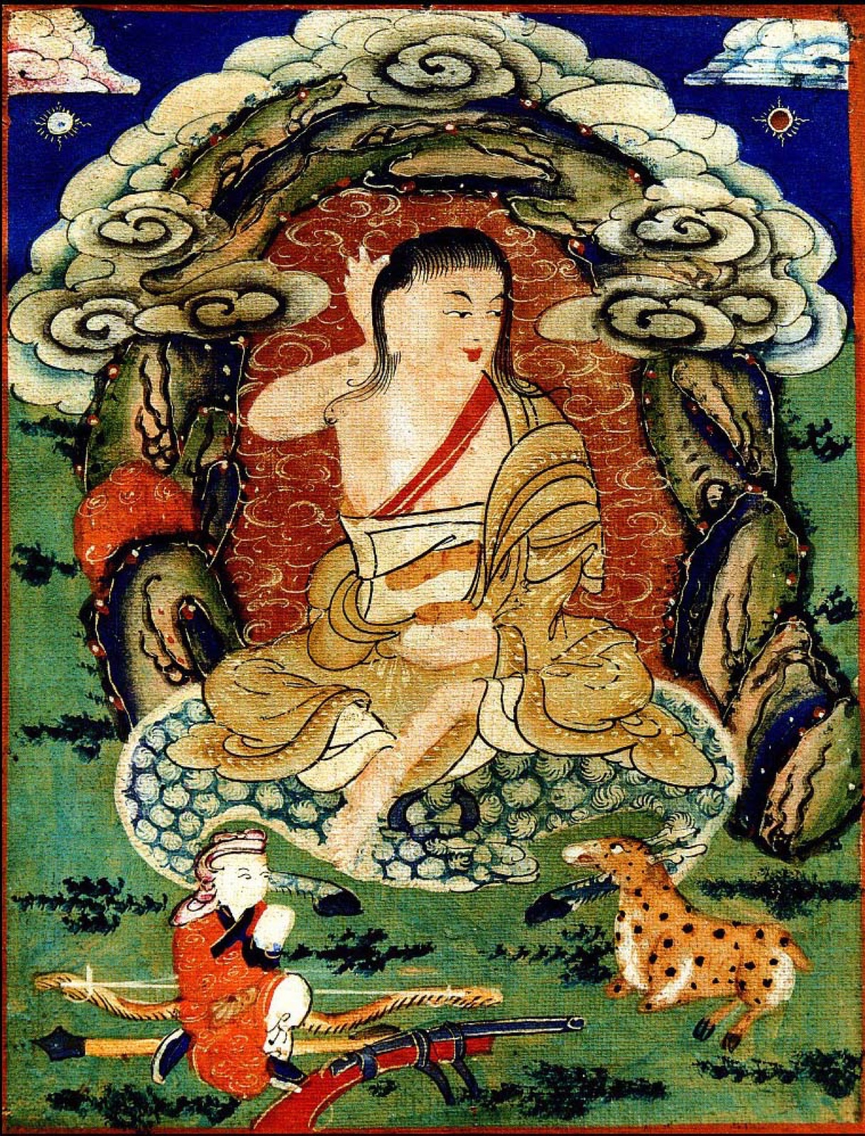 Milarepa seated by a cave with hand cupped to ear and deer below — TK0593