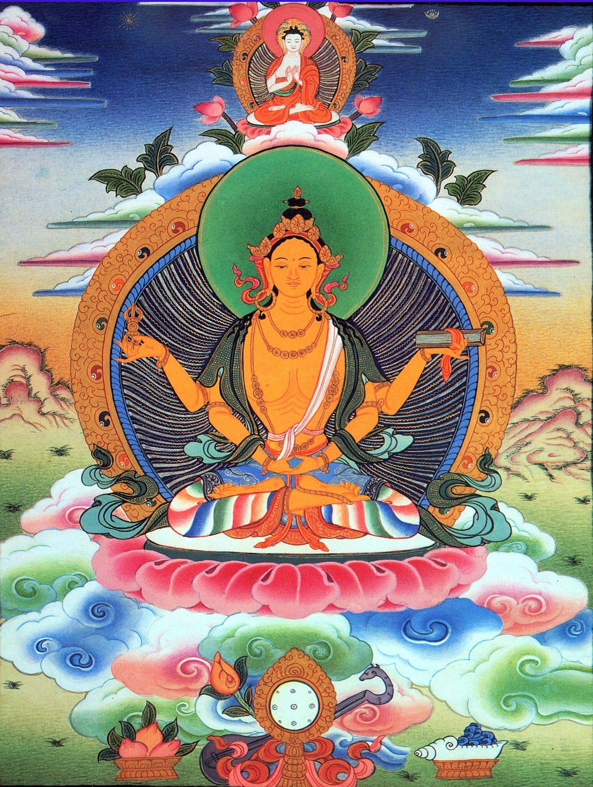 Four-armed golden Prajnaparamita thangka holding a sacred book — TK0571