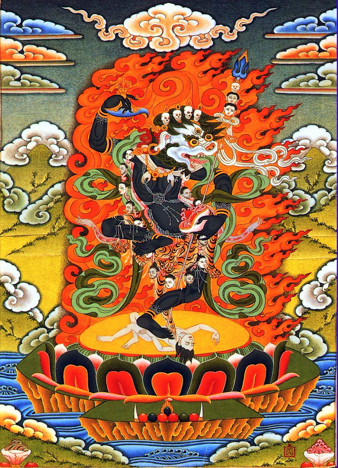 Dark Simhamukha lion-faced dakini in flames holding tantric implements — TK0563