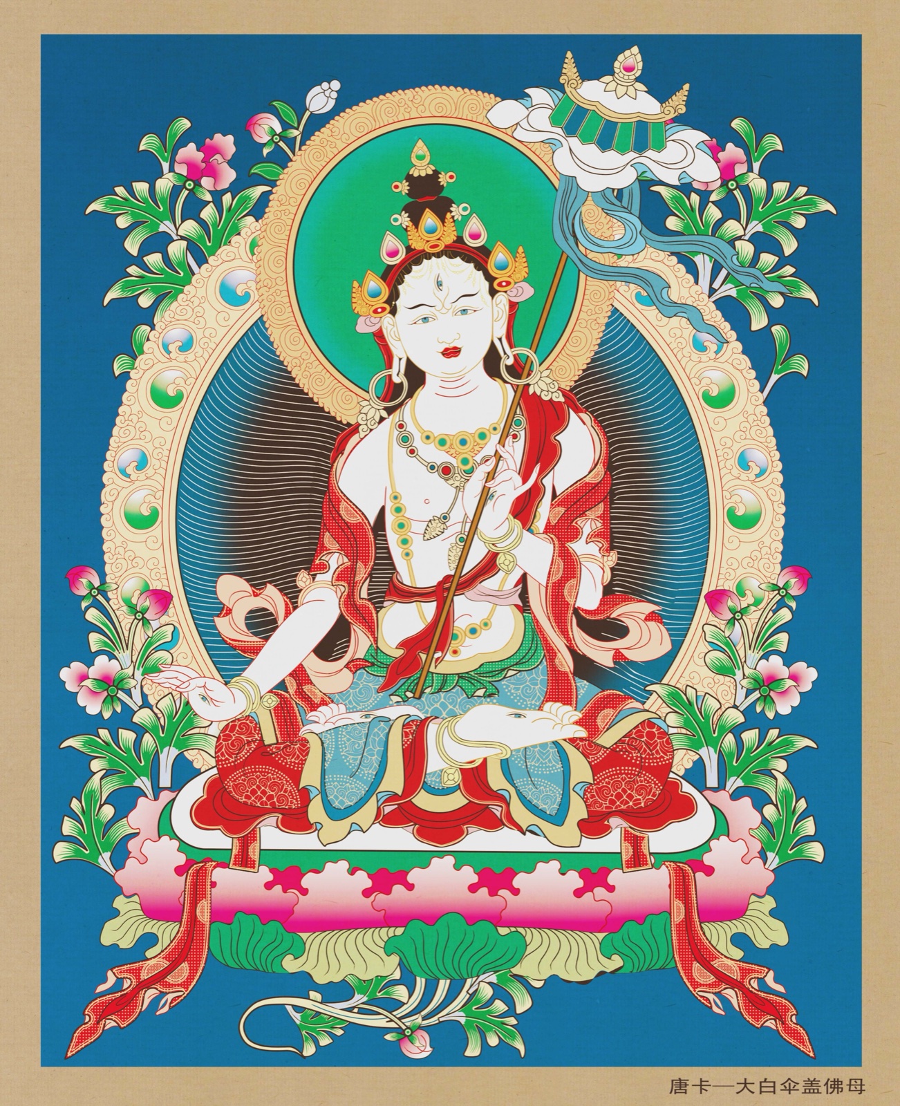 Two-armed white Sitatapatra holding a white parasol in a Thangka — TK0461