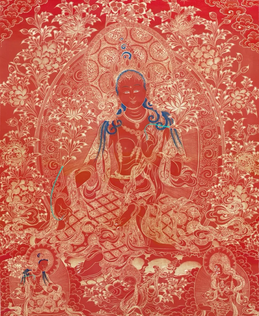 Green Tara red thangka painting
