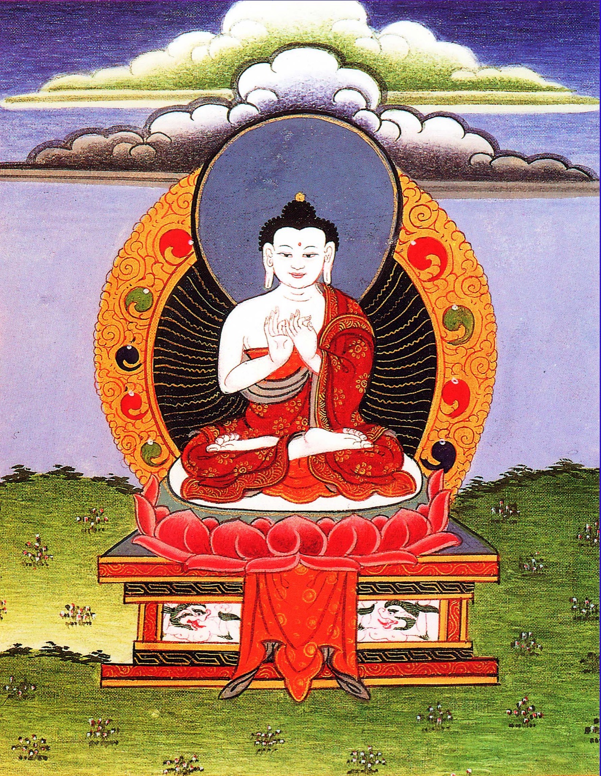 Vairocana Buddha thangka with white body and teaching mudra — TK0561
