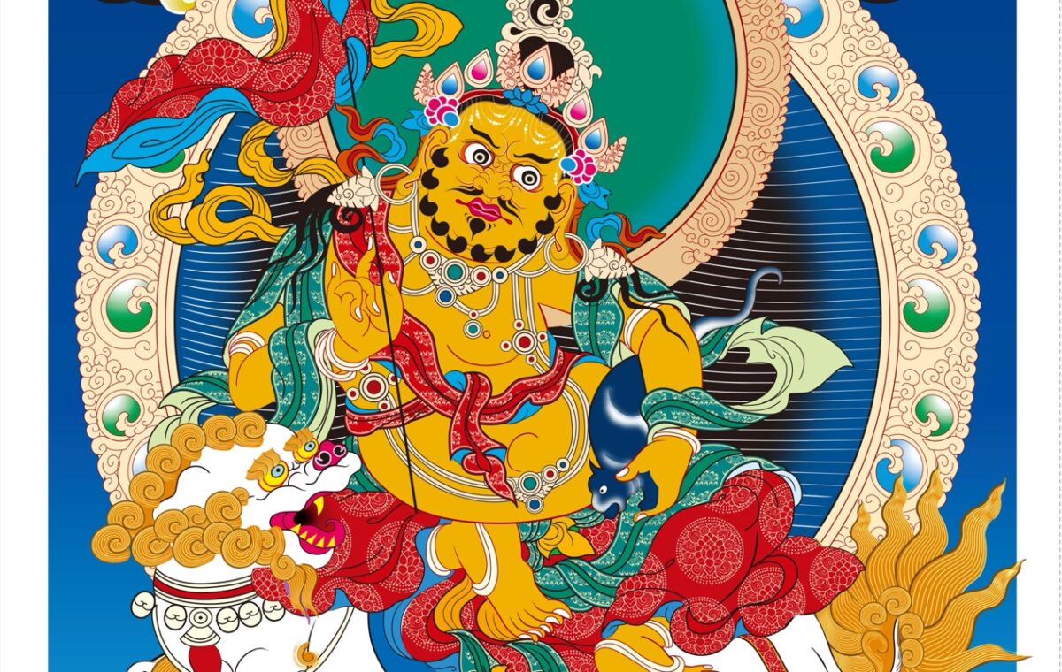 Vaishravana Thangka: Mongoose, Banner, and Snow Lion