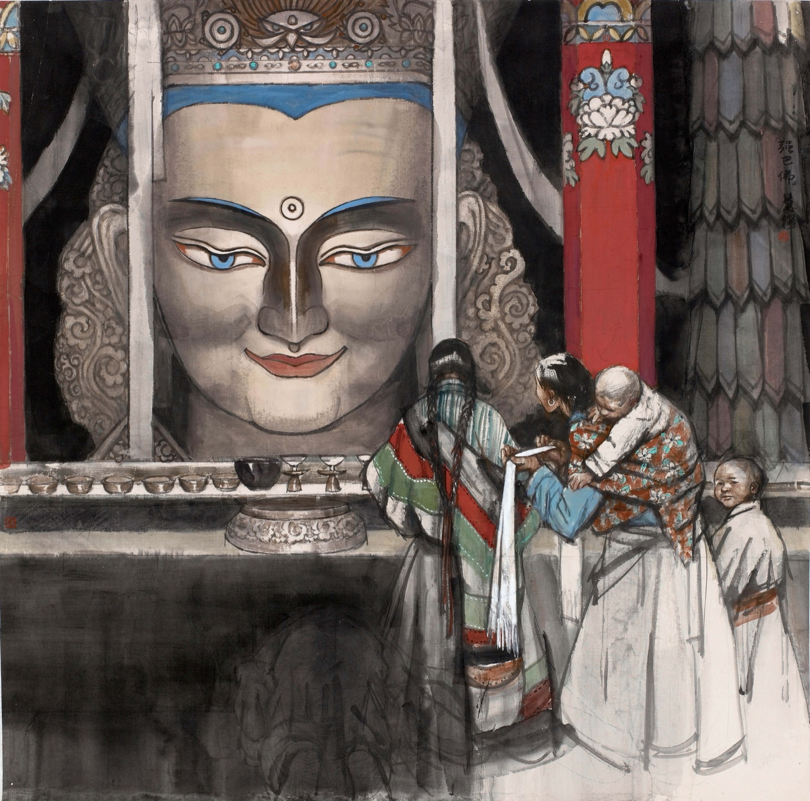 Modern Maitreya Buddhist painting by Shi Guoliang with a monumental Buddha face and Tibetan pilgrims — TK0216
