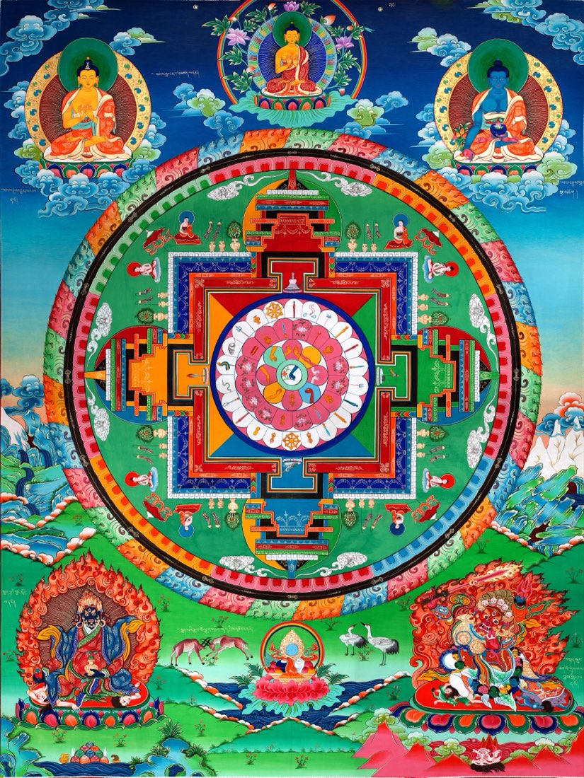 Medicine Buddha Mandala with a four-gated palace, symbolic inner circles, Buddhas, and protectors — TK0573