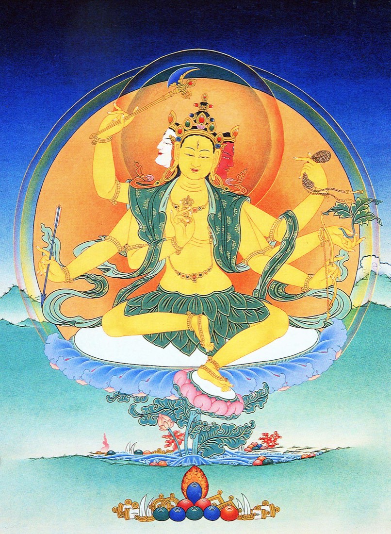 Yellow Parnashavari with three faces, six arms, a leaf skirt, bow, arrow, axe, vajra, and leafy branch — TK0405