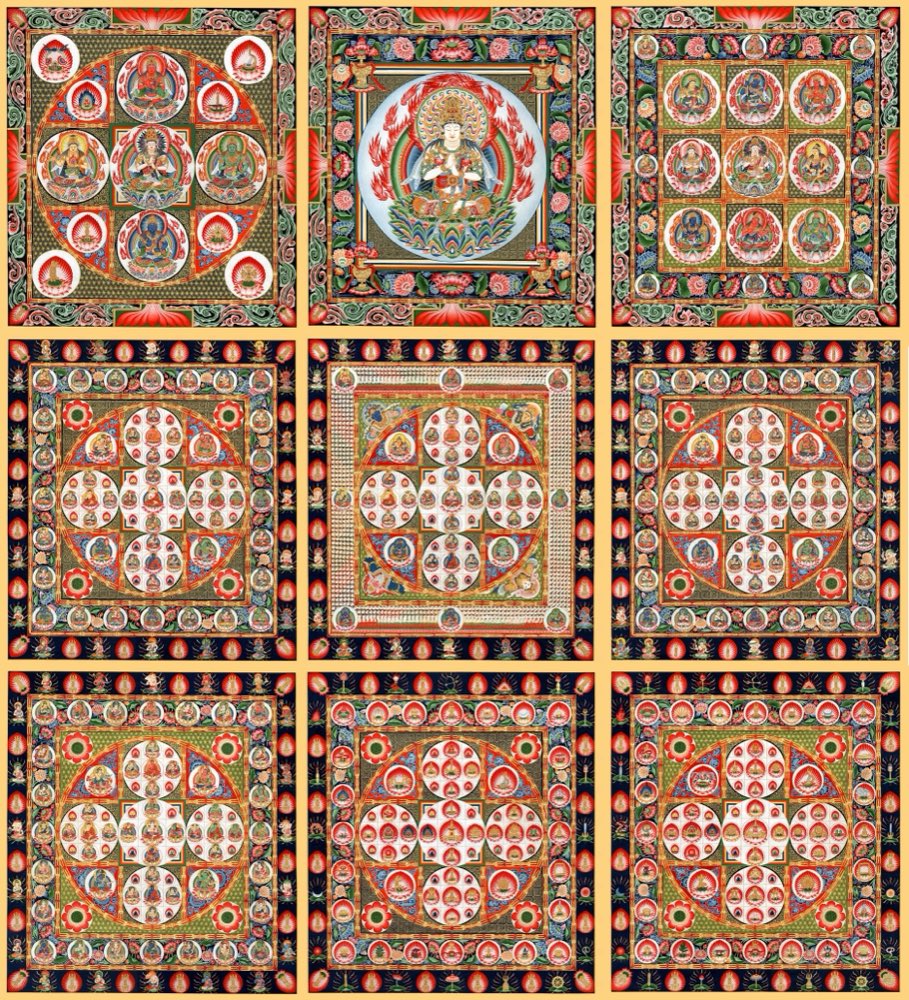 Vajra Realm Mandala with nine square assemblies centered on Mahavairocana — TK0587