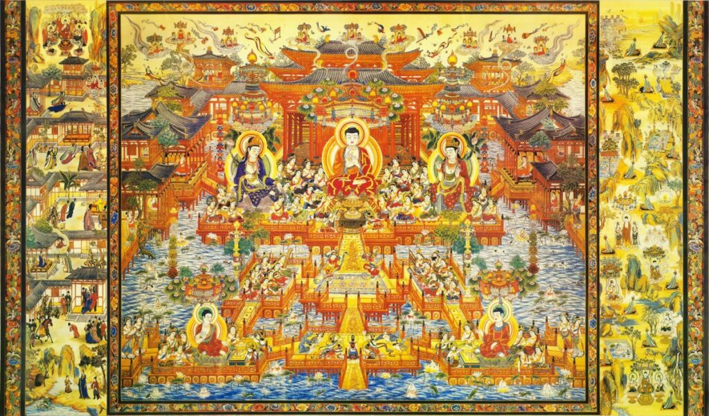 Amitabha Pure Land painting with central triad, palace, lotus pond, assemblies, and narrative side panels — TK0271