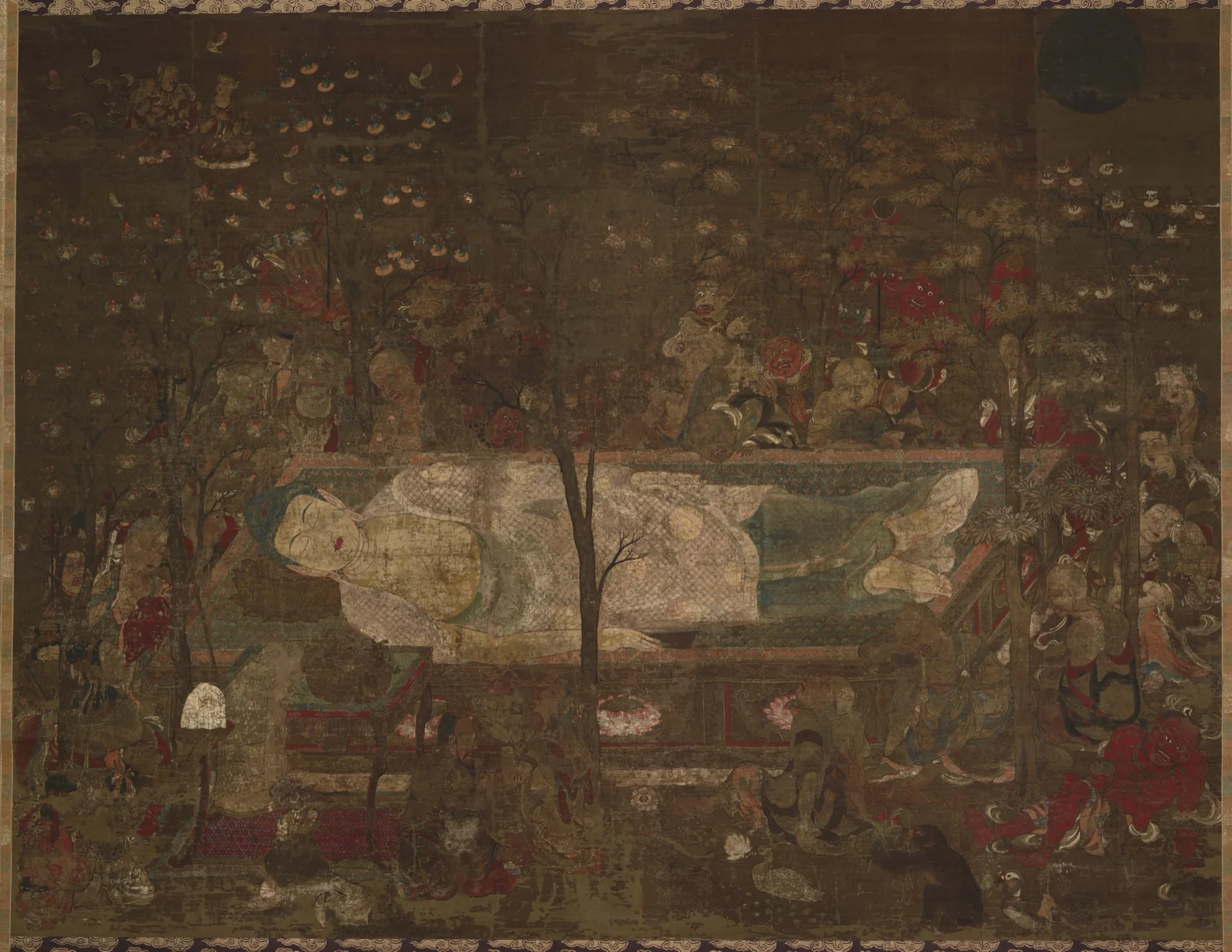 Buddha's Parinirvana painting with the reclining Buddha, mourners, animals, and sal trees — TK0629