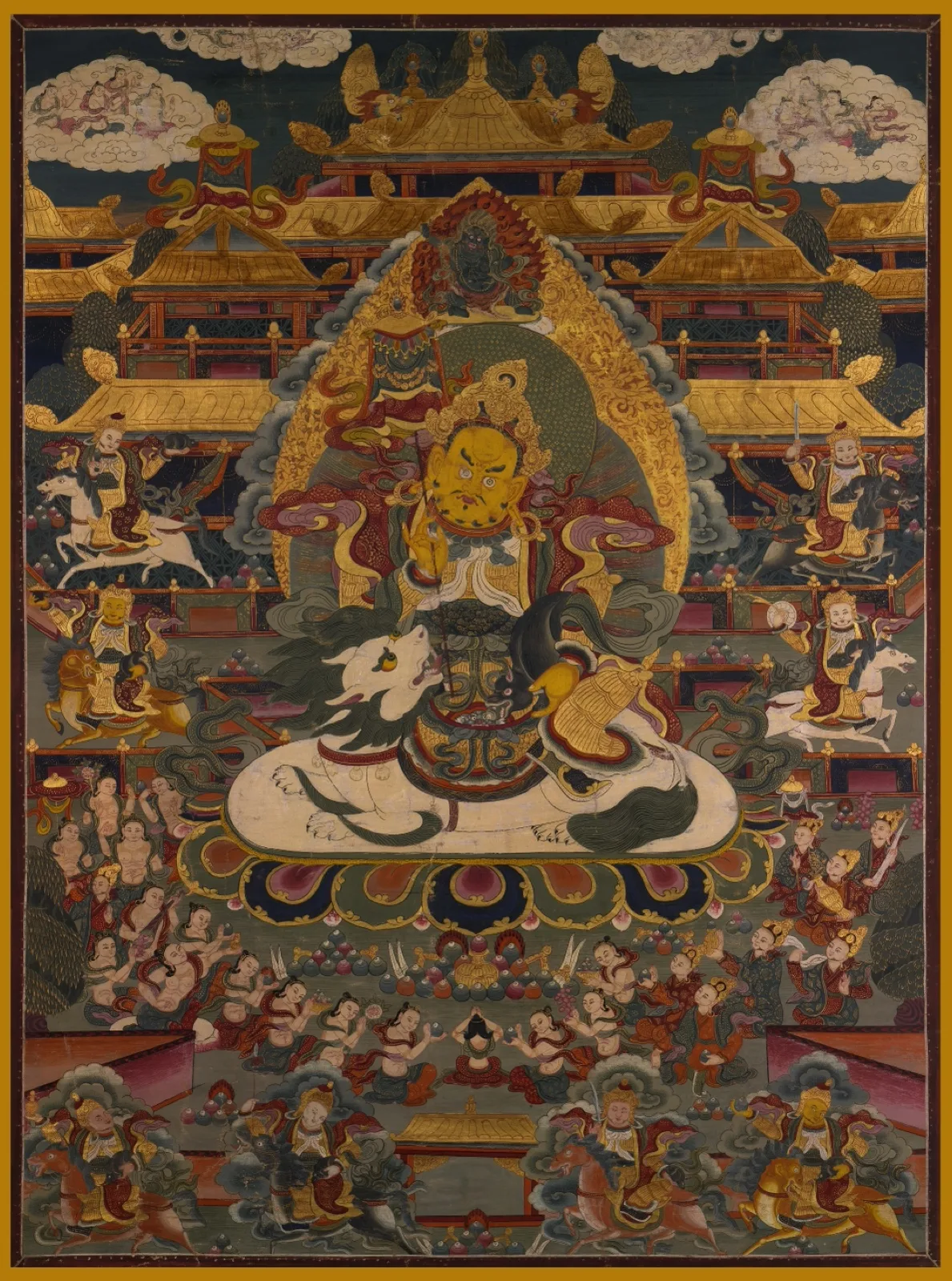 Eight-Direction Wealth Deities Thangka with a central mounted figure, directional guardians, and offerings — TK1288