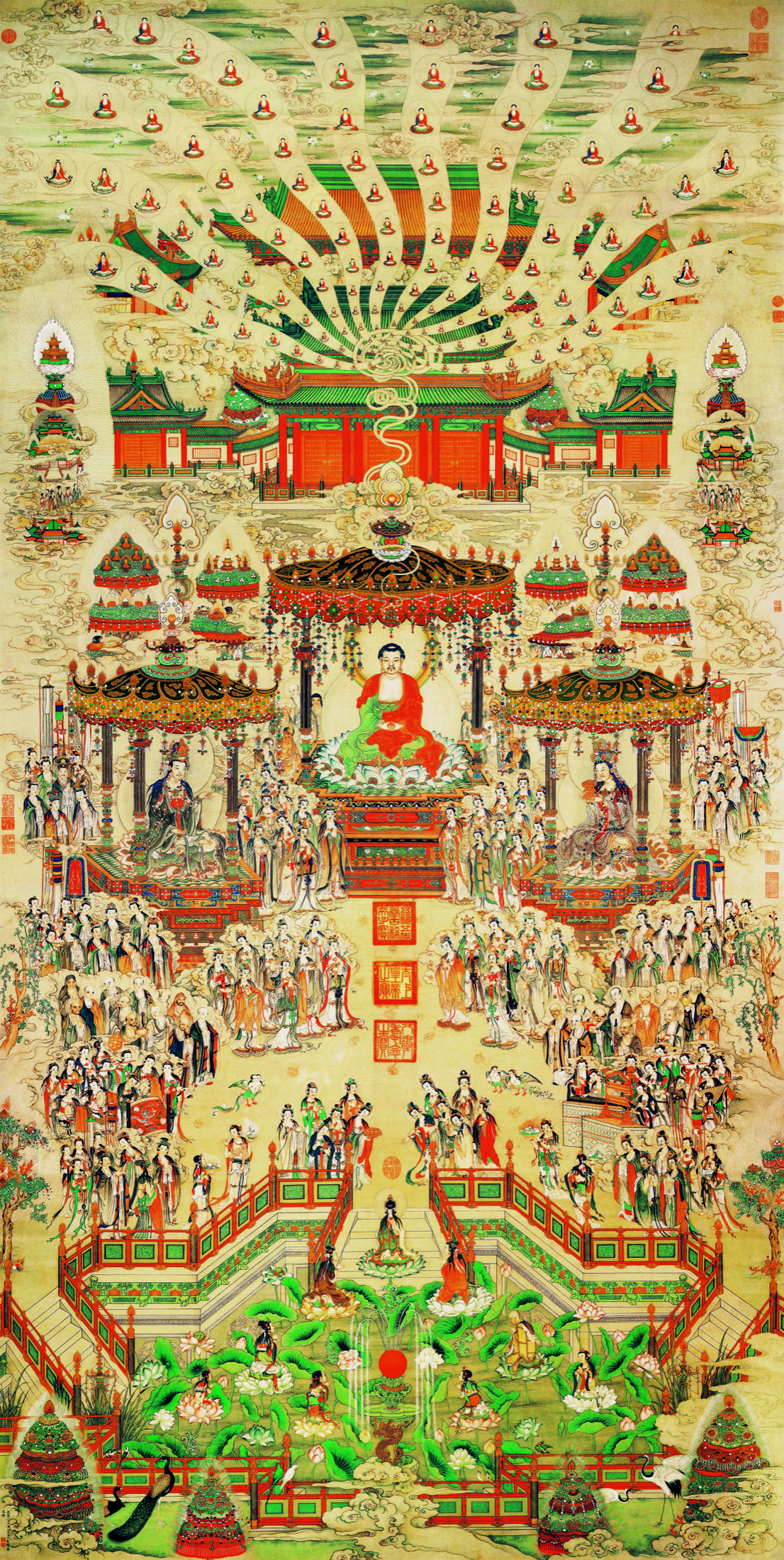 Amitabha Pure Land painting with central Buddha, processions, offering groups, palace architecture, and lotus pond — TK0191