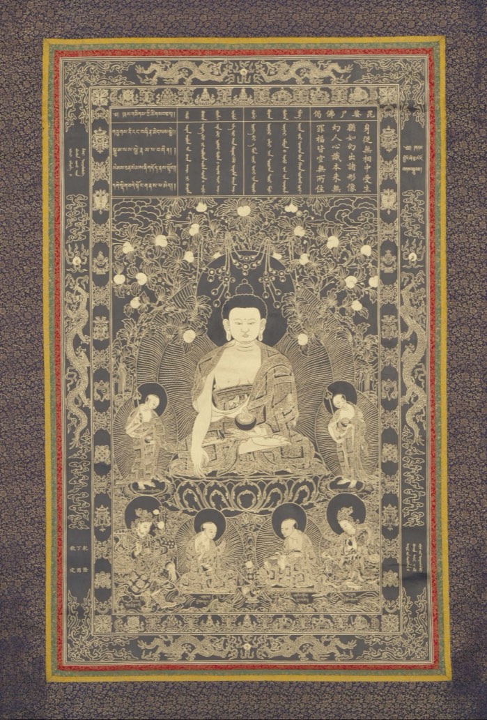 Buddhist Thangka with a central seated figure, multilingual text panels, dragons, ornamental border, and patterned textile surround — TK1144