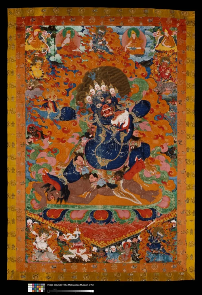 Yama vs Yamantaka study: blue wrathful figure with flames, skull crown, and retinue — TK0482