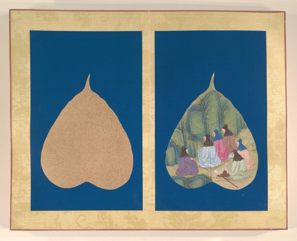 Bodhi leaf Arhat painting album spread with a blank leaf silhouette and a painted leaf showing six seated figures in a rocky landscape — TK0925
