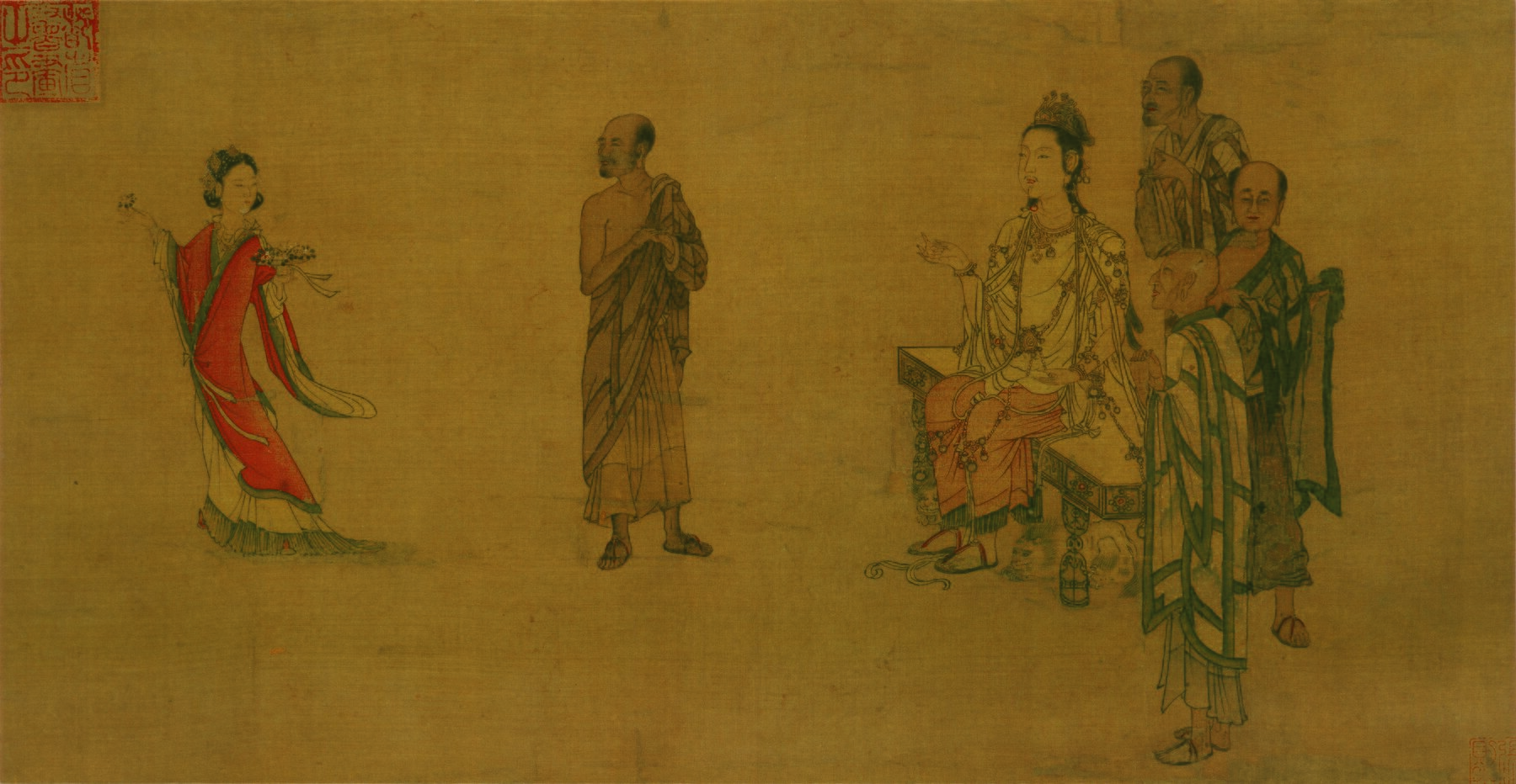 Flower-bearing woman approaching a seated sacred figure, a standing monk, and attendants — TK0234
