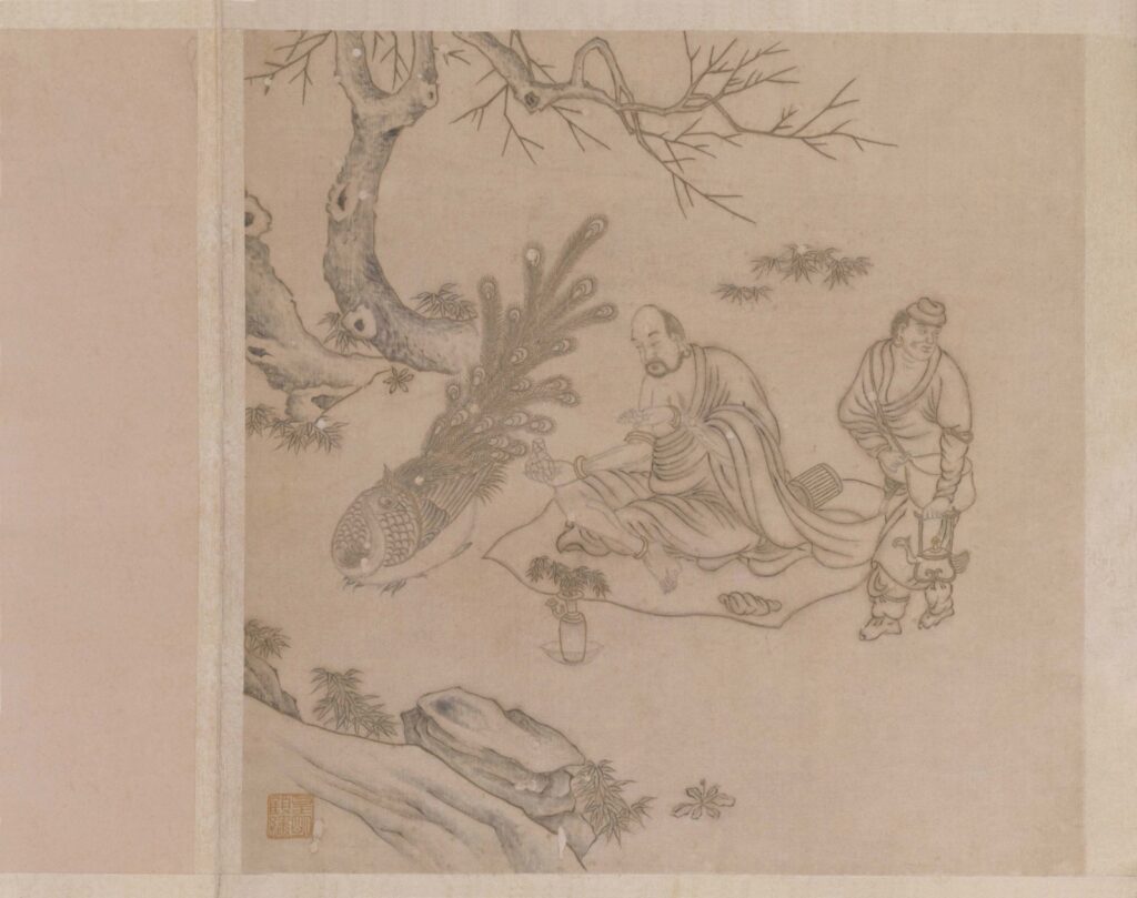 Gu embroidery Arhat album leaf with a seated elder, standing attendant, peacock, old tree, rocks, bamboo, and red seal — TK0870