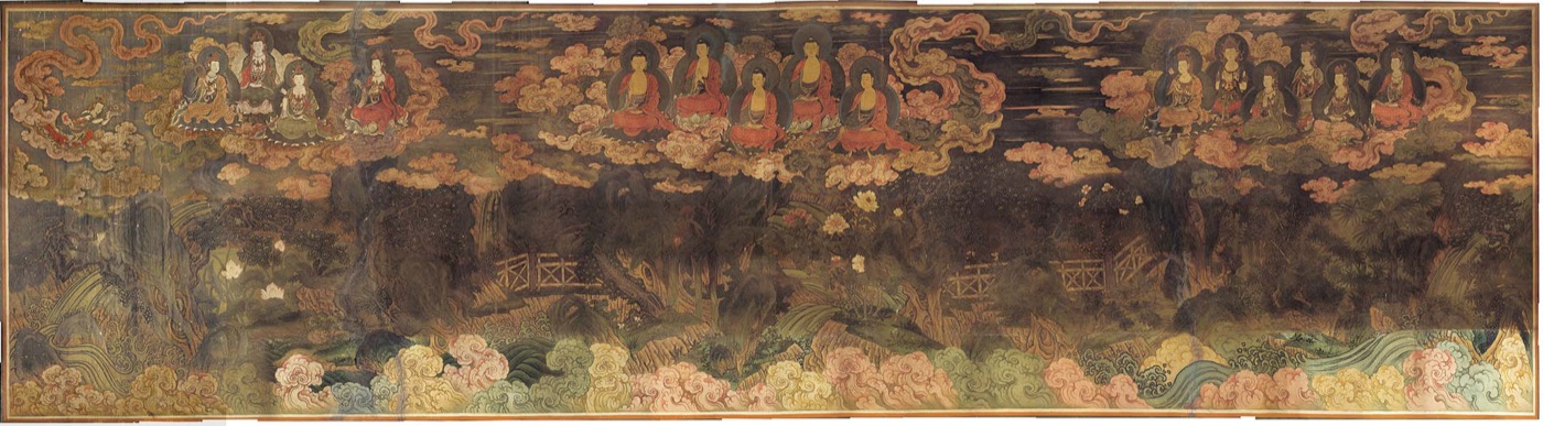 Buddhist mural procession with robed and armored figures moving across a landscape toward an assembly — TK0763