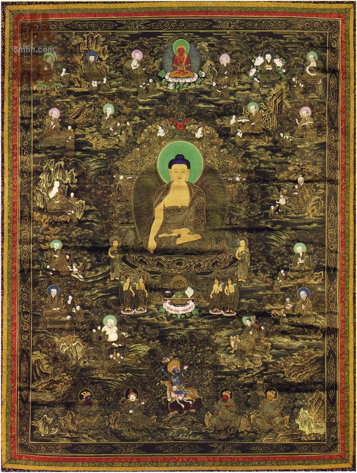 Buddhist painting with a central seated Buddha, surrounding monks and figures, landscape settings, lower guardians, and a translucent modern watermark at upper left — TK0581