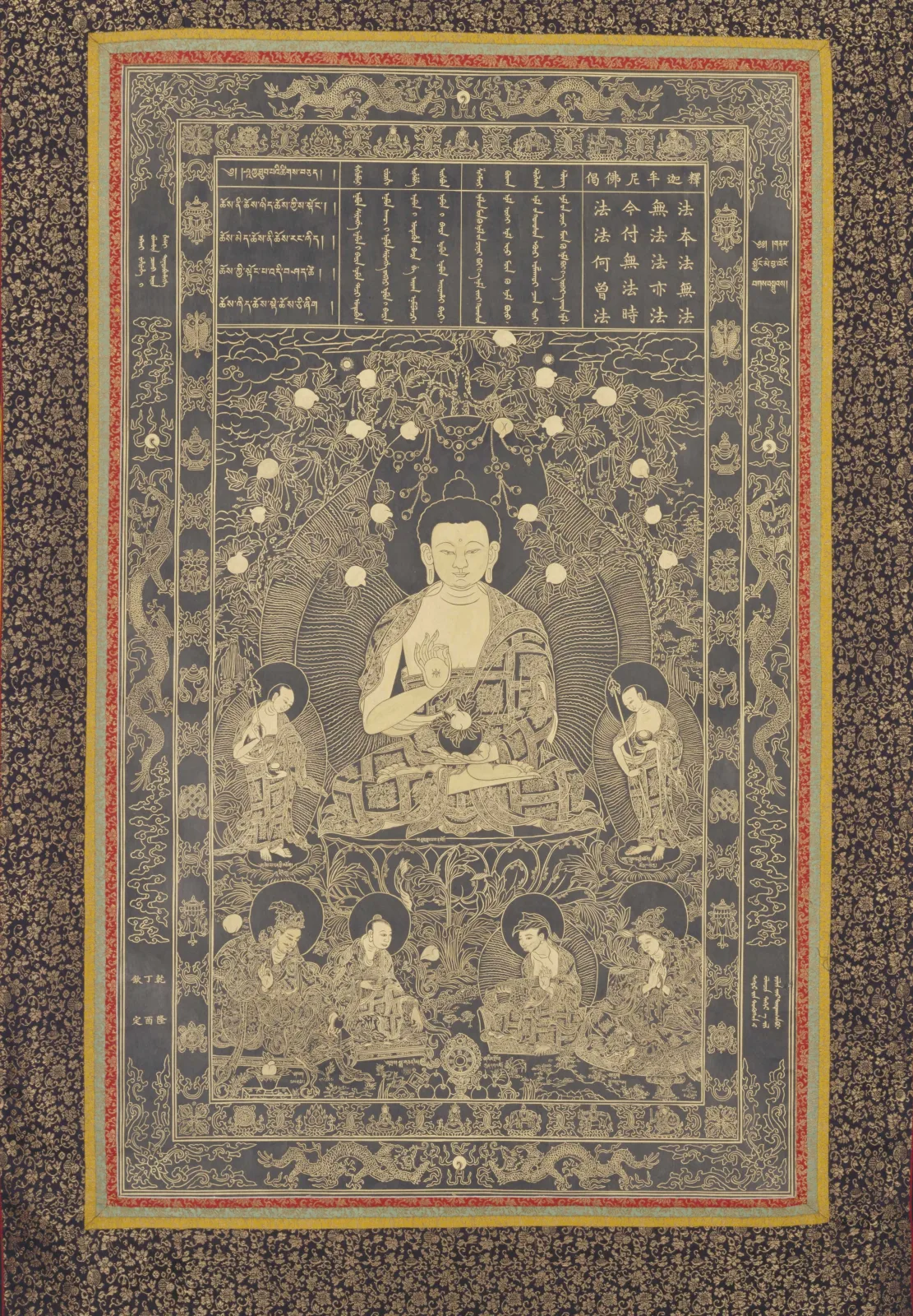 Buddhist archive image with a central seated Buddha, two standing figures, four smaller lower figures, dense floral linework, a multiscript panel, and dragon borders — TK1150