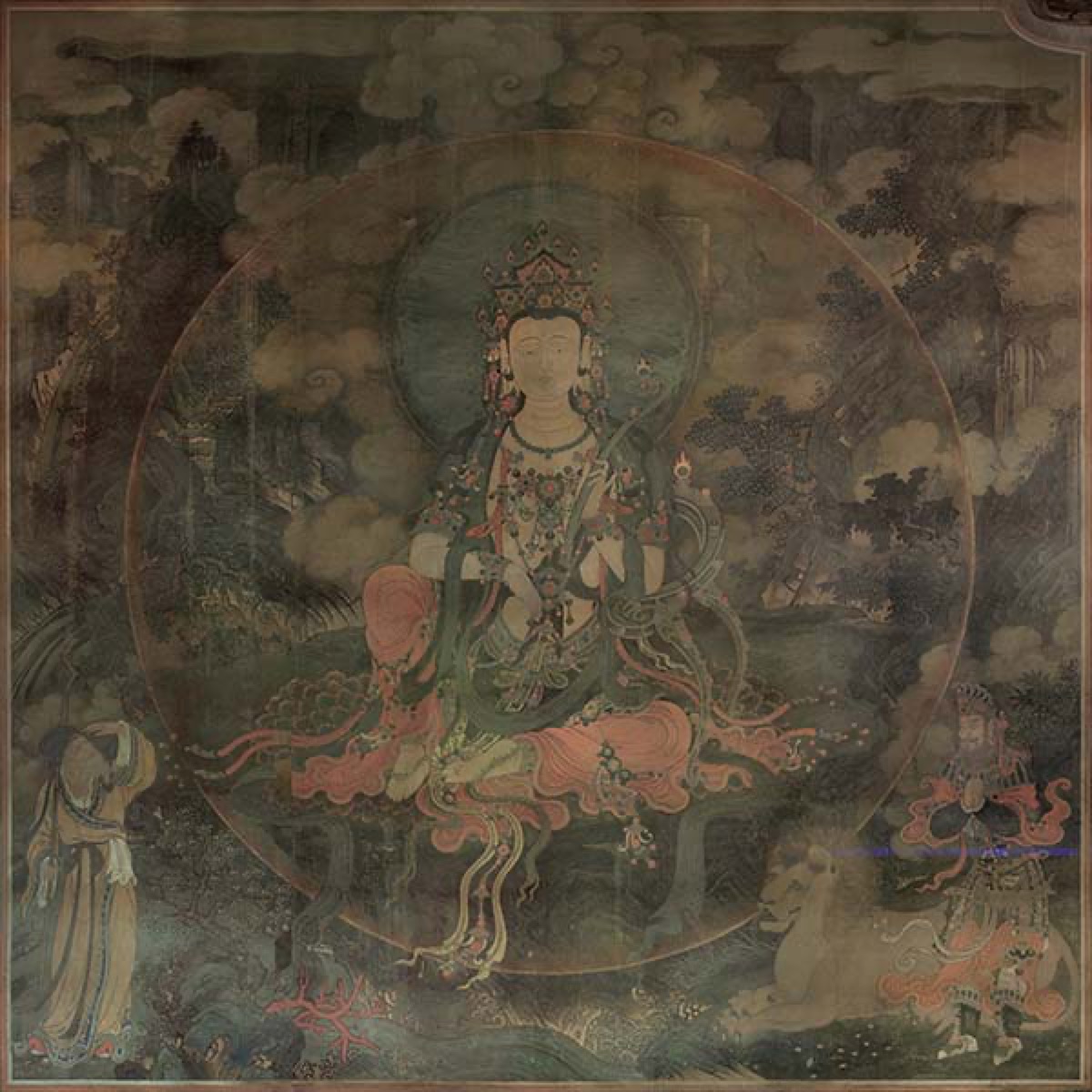 Manjushri seated on a lion within a circular halo, with attendants, clouds, landscape, and architectural forms in a Buddhist mural — TK0734
