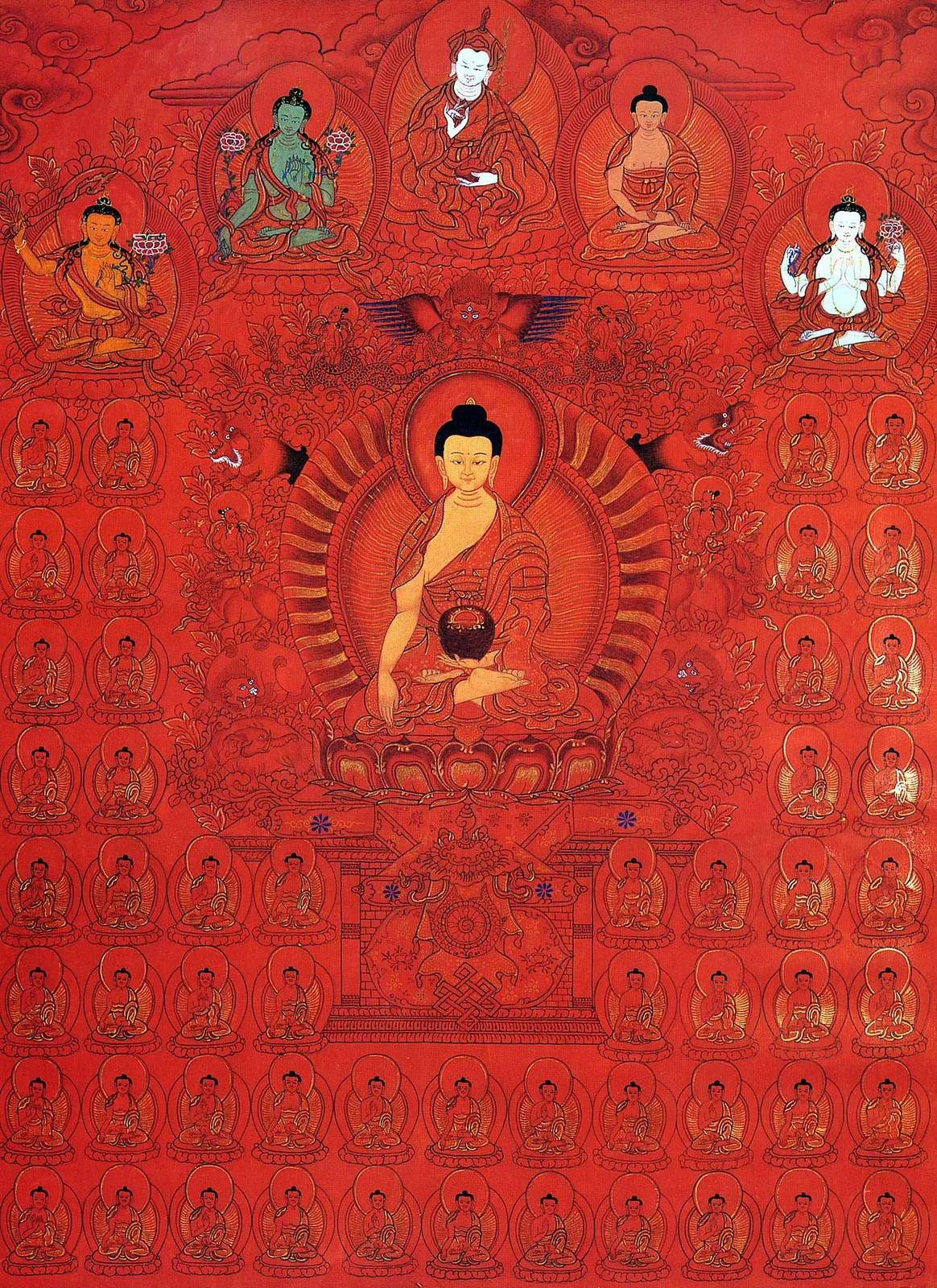 Central Buddha-like figure surrounded by regular rows of repeated small Buddhas, five upper figures, dragons, guardian animals, and a red cloud field — TK0578