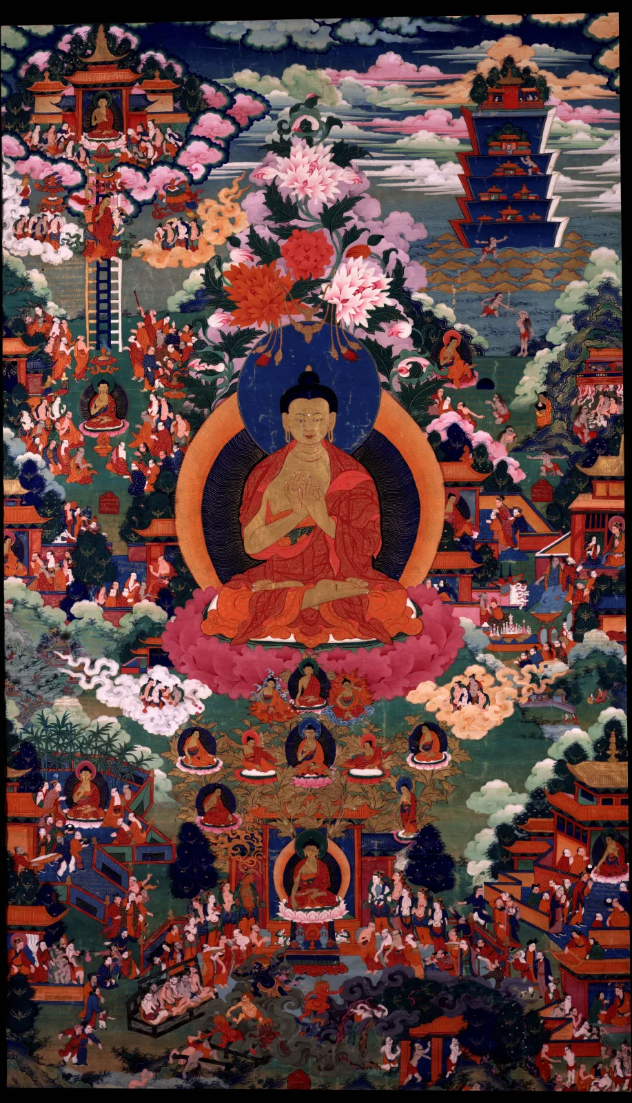 Buddhist painting with a large central seated Buddha surrounded by many narrative groups, temples, clouds, flowers, animals, monks, and smaller Buddha figures — TK0469