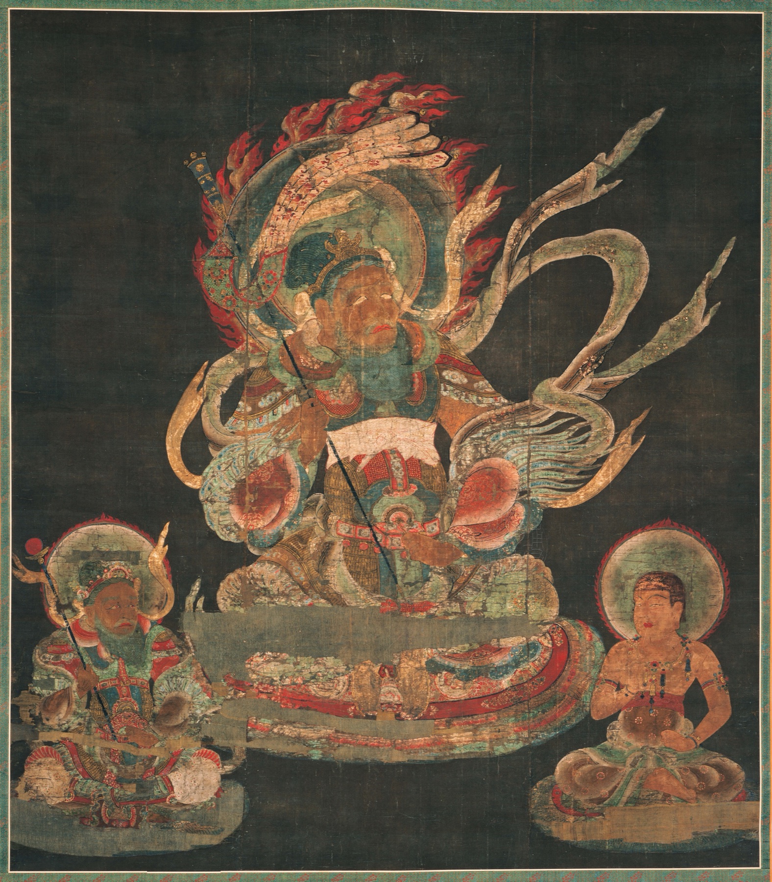 Futen (Vayu), wind guardian among the Twelve Devas, seated with two attendants — TK0618