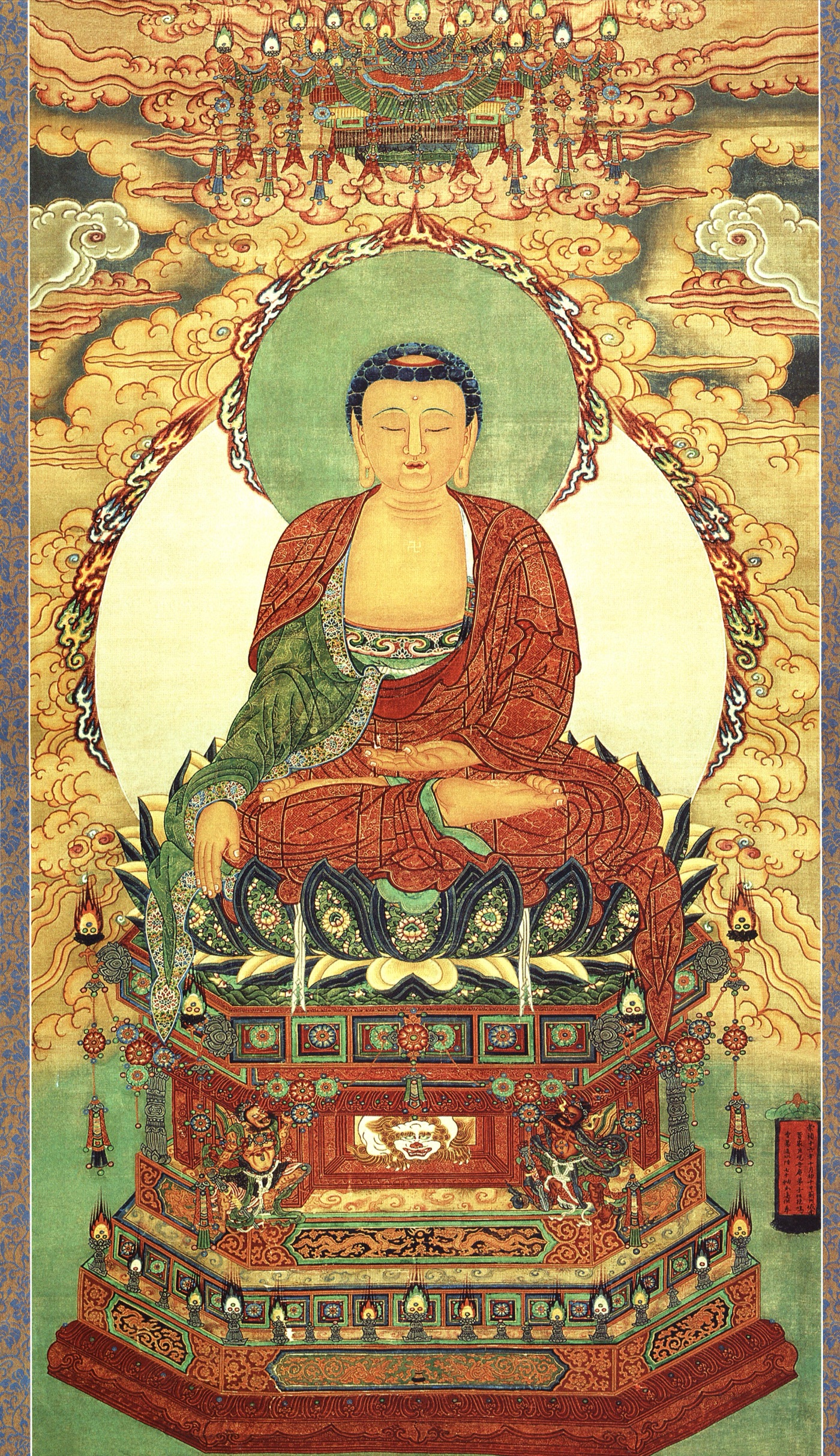 Seated Buddhist figure on a lotus throne with a circular halo, patterned robes, clouds, lamps, guardians, and a tiered platform — TK0187