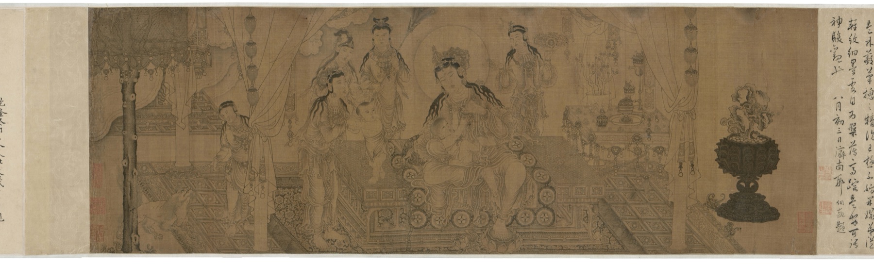 Narrative handscroll showing an infant attended by women in a palace interior, catalogued as the Buddha raised by his maternal aunt; subject attribution uncertain — TK0200.