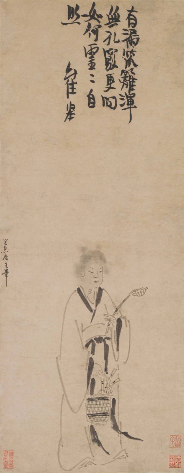 Figure identified in the source catalog as fishing-basket Guanyin, holding a slender stem beside a woven basket, with a vertical inscription; attribution uncertain — TK0199.