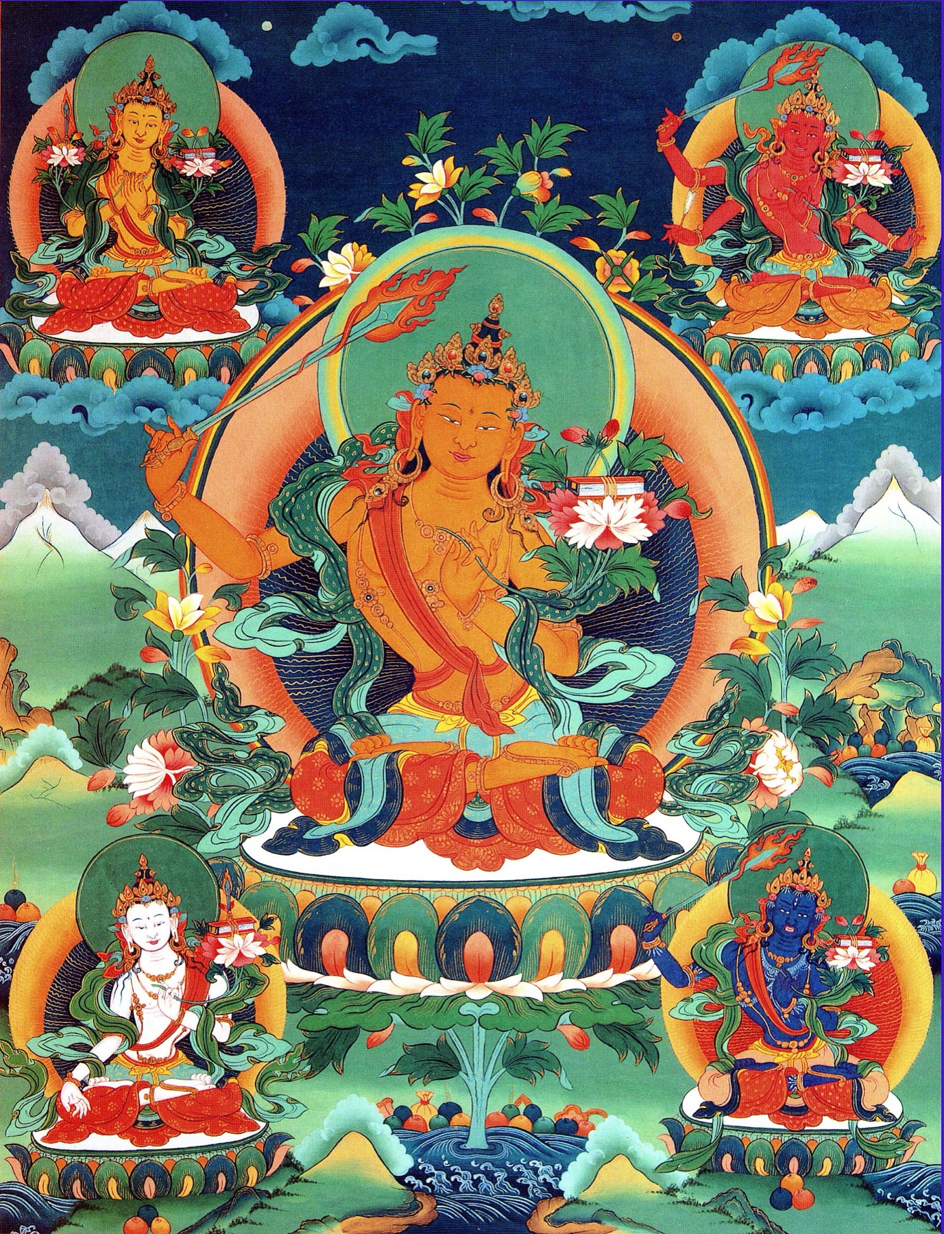 Five Forms of Manjushri Thangka with a central orange figure holding a sword and scripture, surrounded by four forms in yellow, red, white, and blue — TK0385