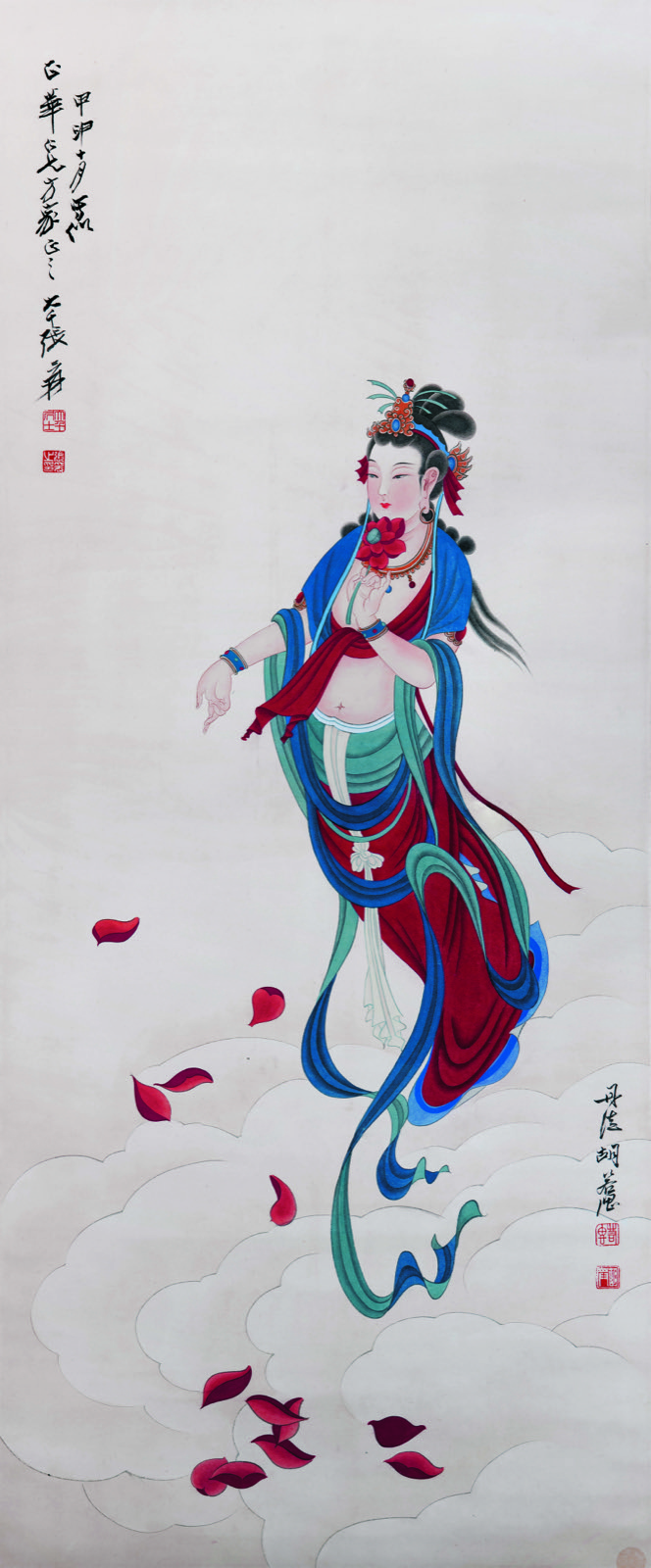 Vertical Buddhist bodhisattva painting on a light paper ground, with red seals and cloud forms — TK0238; attribution and date uncertain.