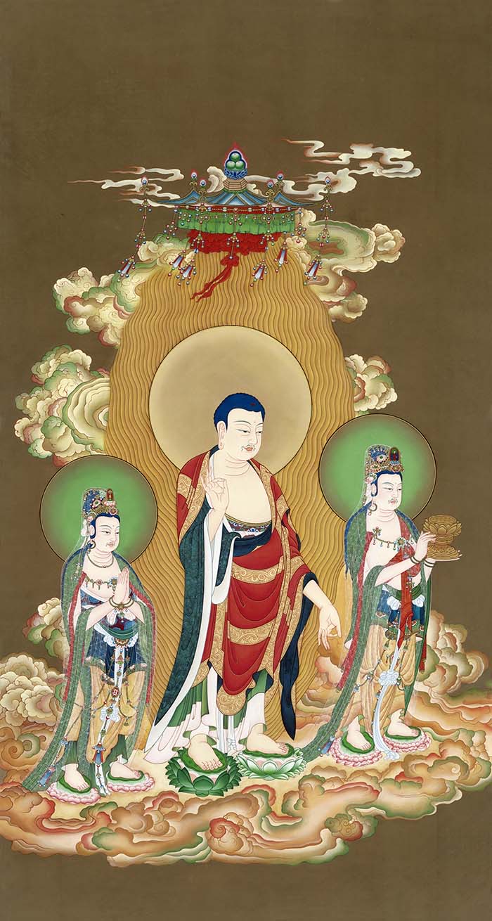 TK1111: a central haloed figure with short blue hair and no crown, flanked by two crowned figures beneath an ornate canopy.
