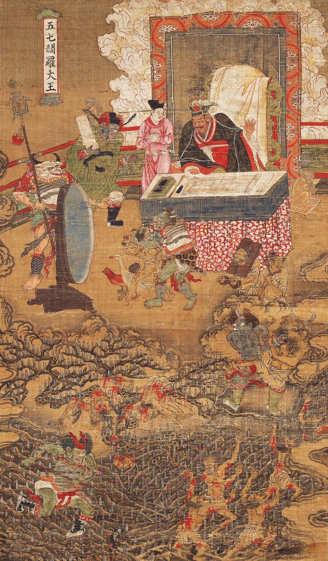 Ten Kings of Hell judgment scene with enthroned ruler, court officials, guards, and punishment imagery — TK0127